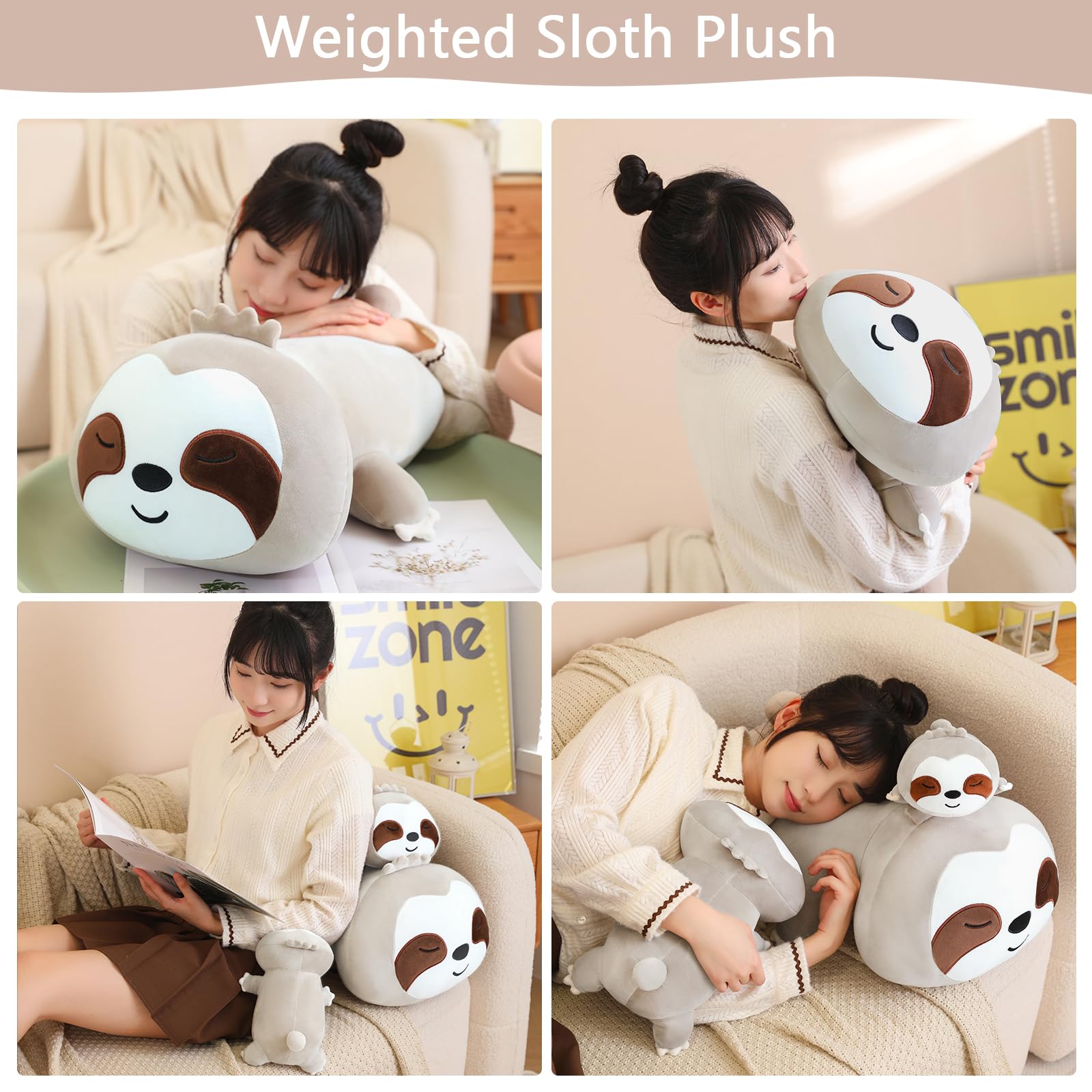 Sqeqe Weighted Sloth Plush, Weighted Sloth Stuffed Animal For Anxiety, Cute Sloth Plushies Sloth Pillow Toy Gift For Kids Adults