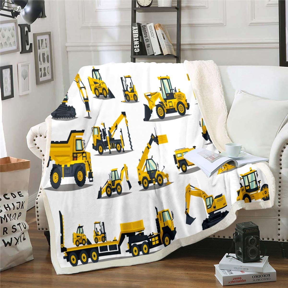 Feelyou Construction Site Fleece Throw Blanket Kids Toddler Excavator Truck Flannel Sherpa Blanket Soft Comfort Plush Blankets For Boys & Girls 50'X60'