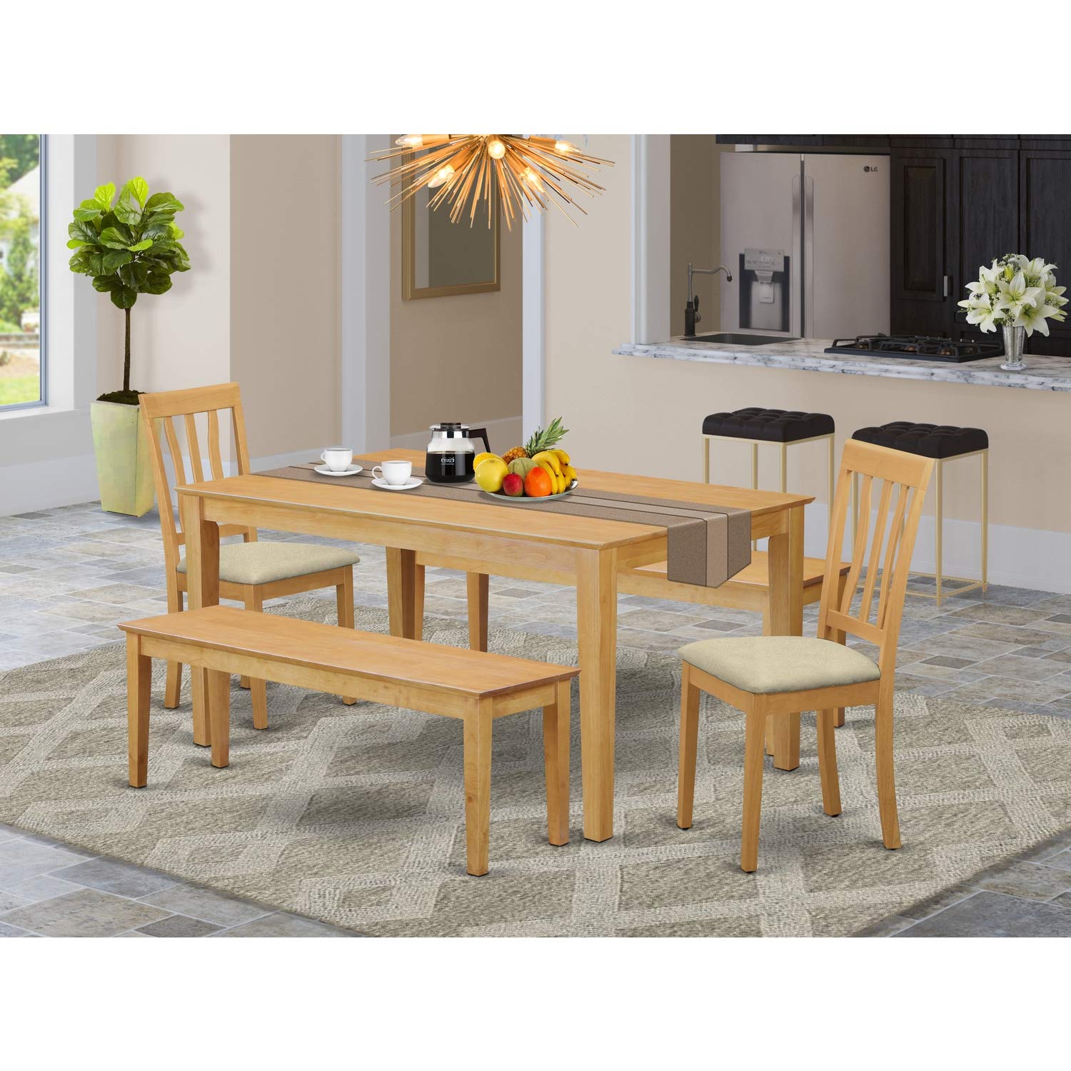 East West Furniture CAAN5C-OAK-C 5 Piece Modern Dining Table Set Includes a Rectangle Kitchen Table and 2 Linen Fabric Upholstered Chairs with 2 Benches, 36x60 Inch, Oak