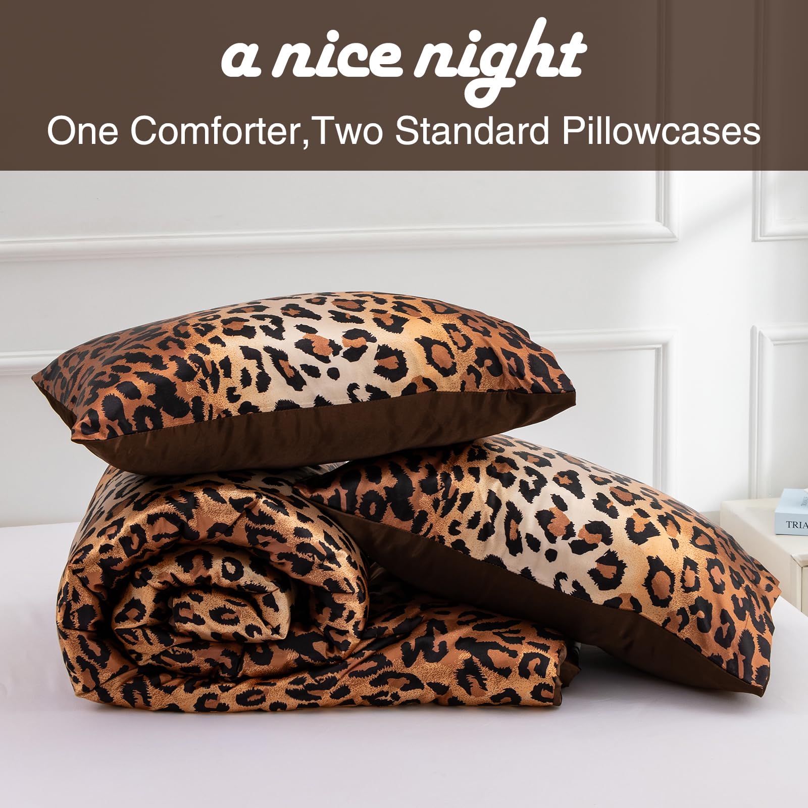 A Nice Night Leopard Printed,Coffee Brown Satin Silky Soft Quilt Sexy Luxury Super Soft Microfiber Comforter Quilt Bedding Comfo