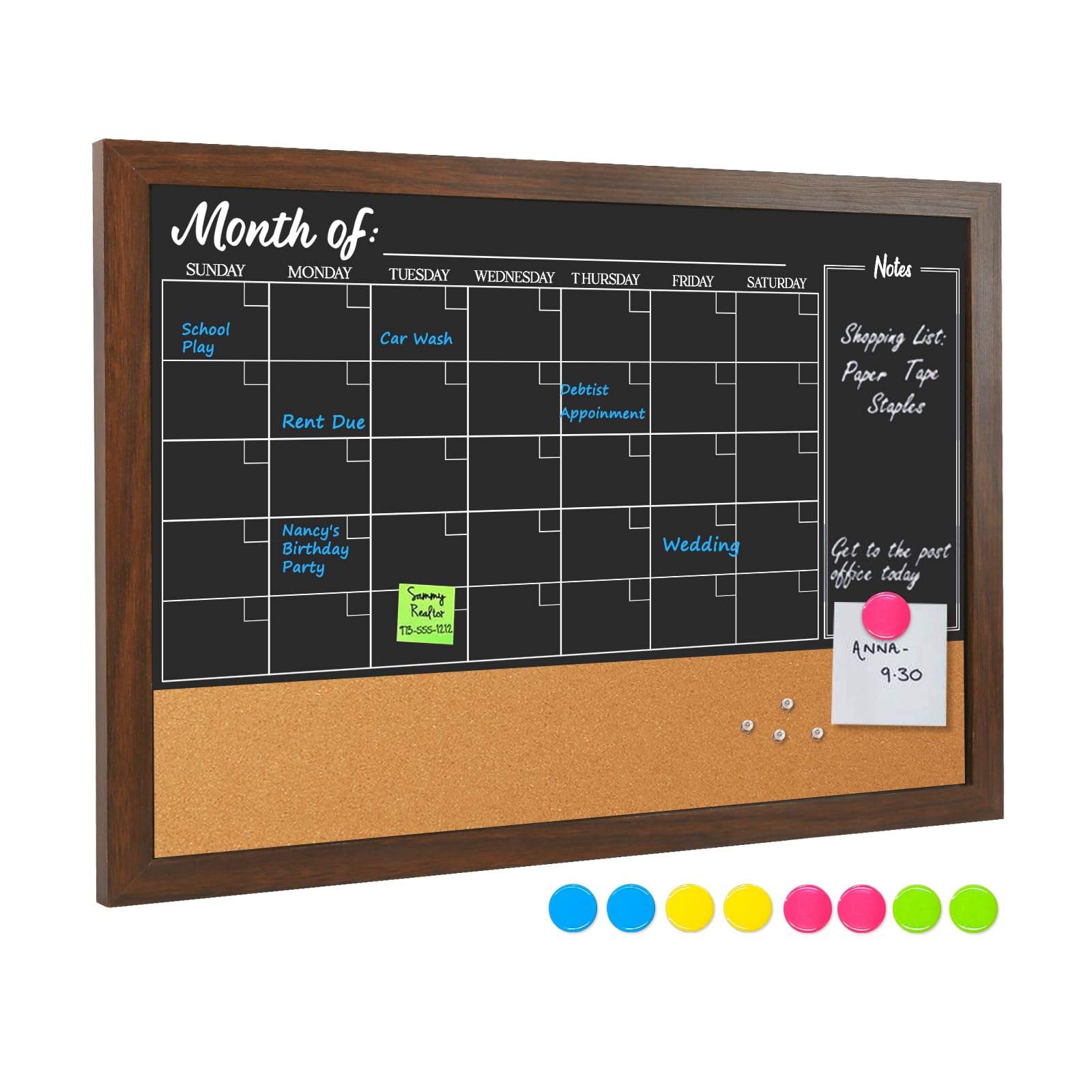 4 Thought Chalkboard Calendar Corkboard Combo, 24' X 36' Large Bulletin Board Magnetic Calendar Chalkboard For Wall Combinatio