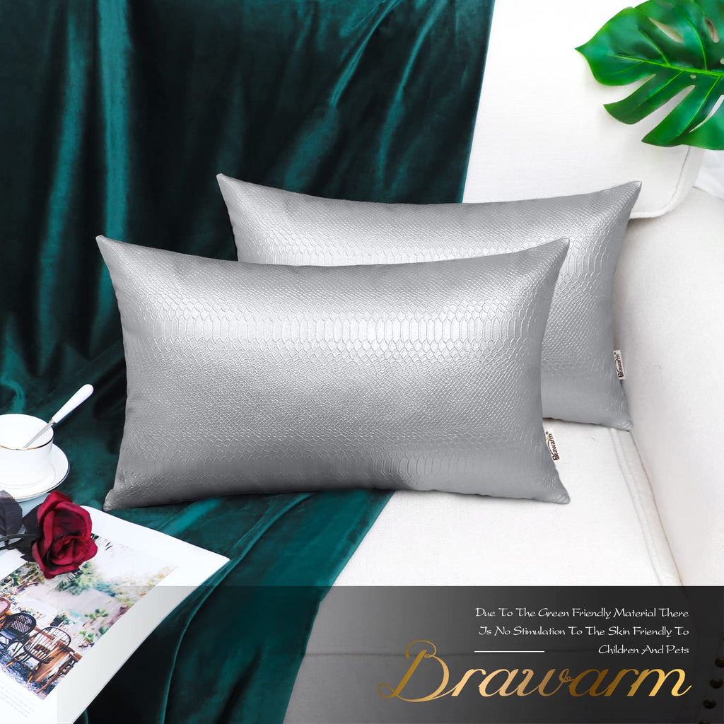 Brawarm Silver Leather Throw Pillows 12 X 20 Inches, Snake Leather Pillow Covers Pack Of 2, Faux Leather Decorative Lumbar Pillo