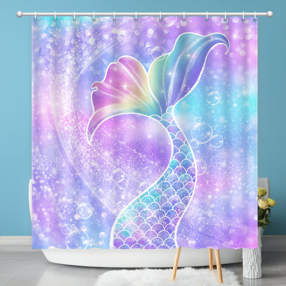 Mermaid Shower Curtain, Tail Swing From The Bath Shower Curtain Waterproof Shower Curtain Sets Polyester Fabric Machine Washable
