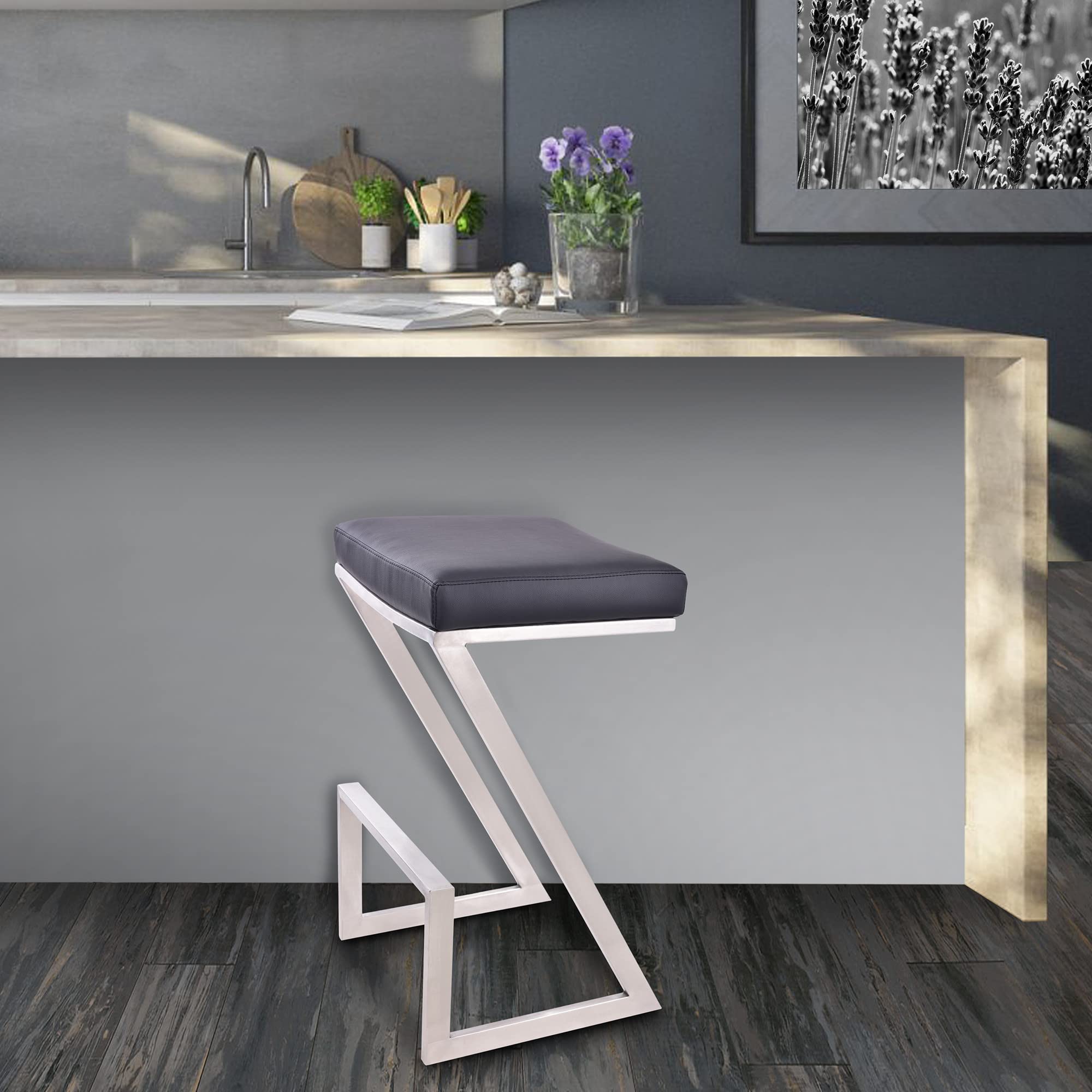 HomeRoots Stainless Steel, Faux Leather/Leatherette 26' Contempo Black Faux Leather and Stainless Backless Bar Stool