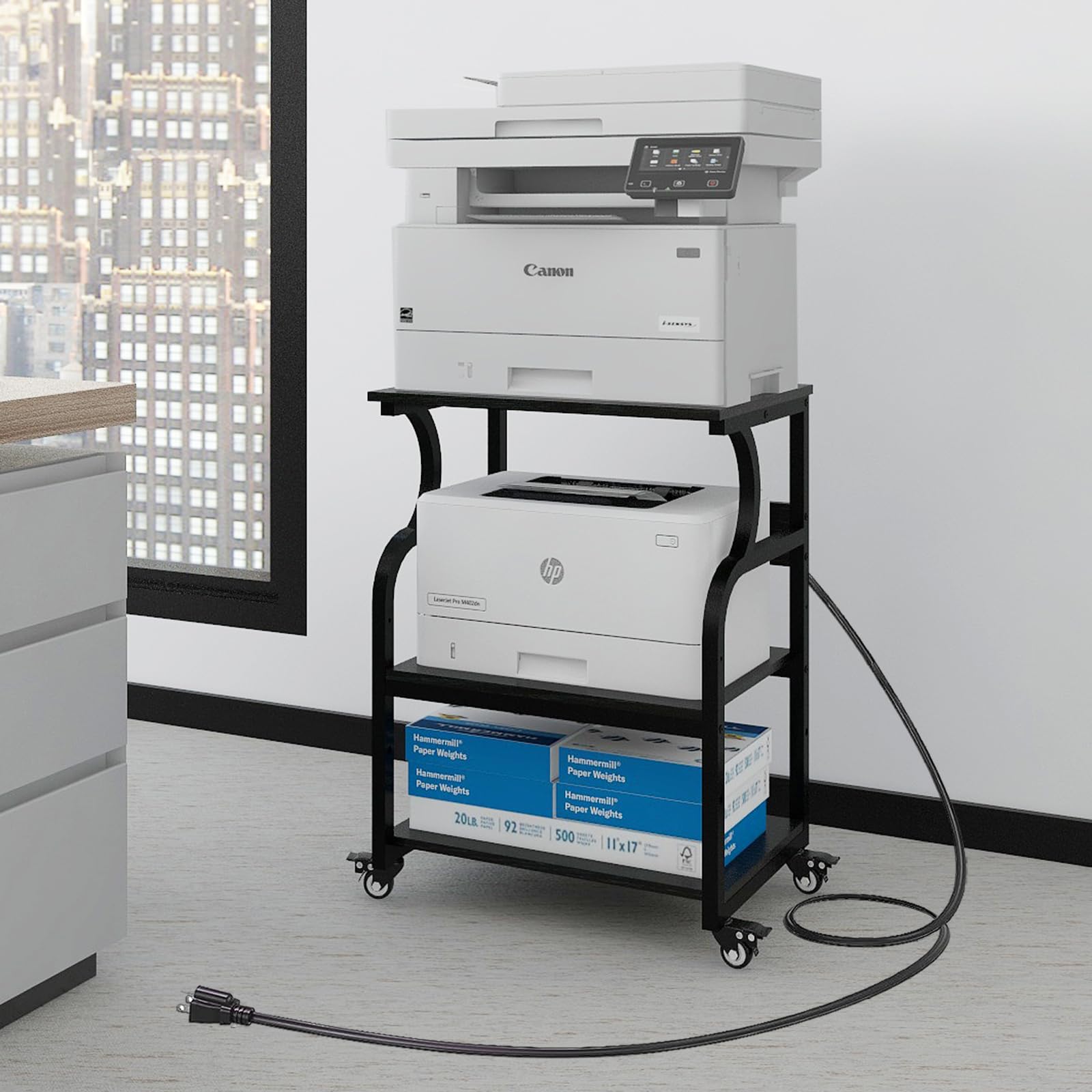 Natwind Large Printer Stand,Printer Table with Adjustable Storage Shelf,3 Tier Rolling Printer Cart with Wheels for Home Office 