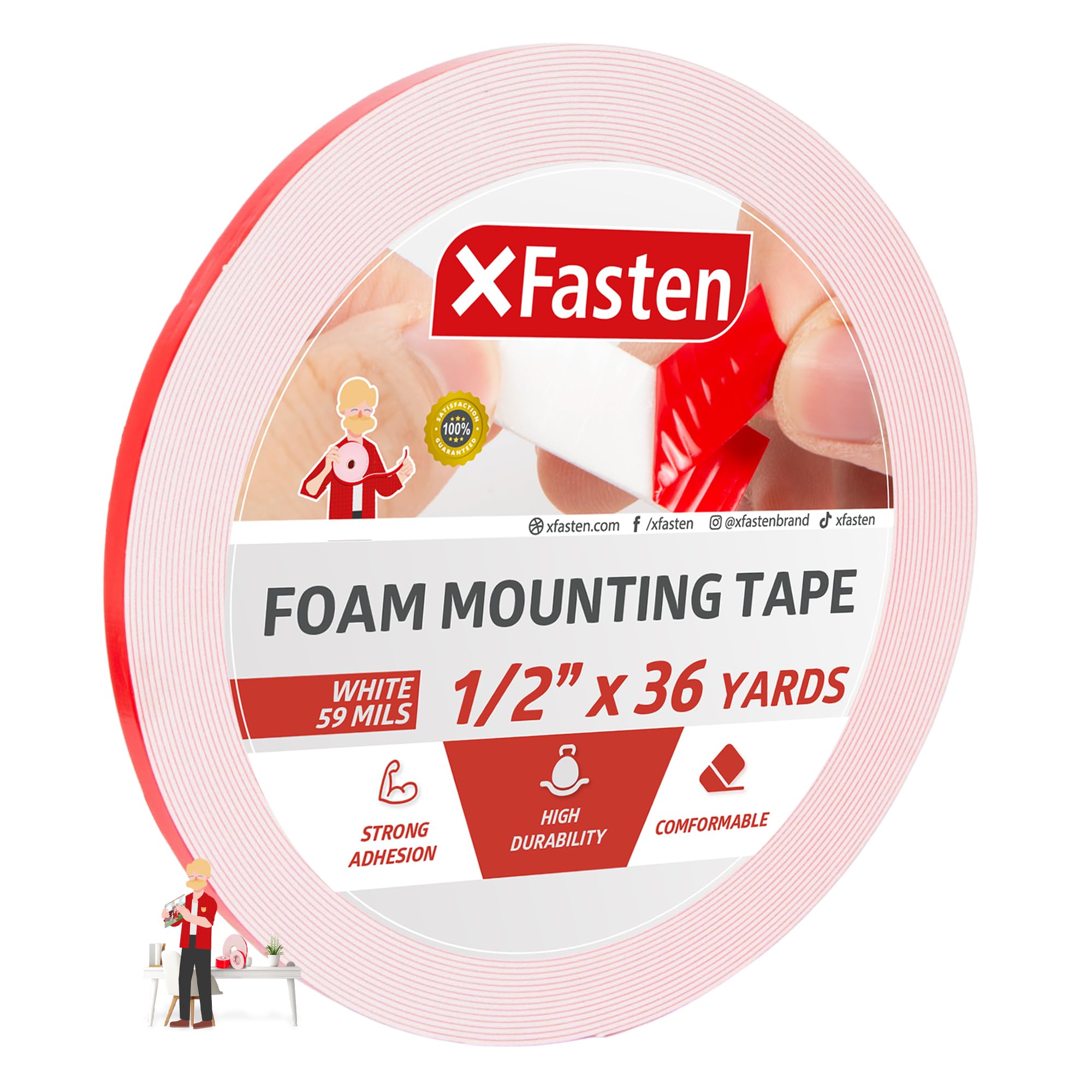 Xfasten Double Sided Tape Foam Mounting Tape, 1/2-Inch X 36 Yards