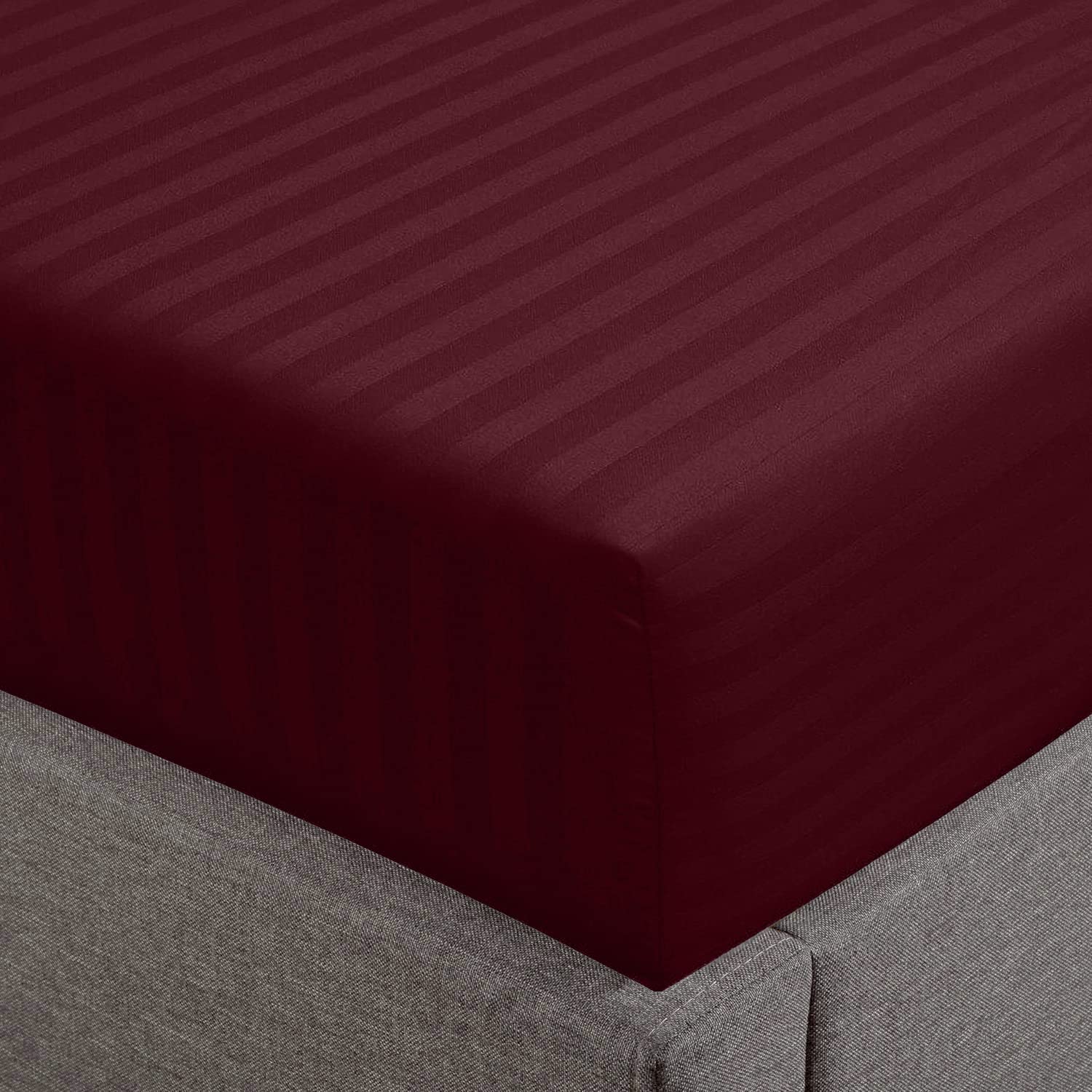 Feather & Stitch 100% Cotton 1 Piece Damask Stripe Full Fitted Sheet 500 Thread Count Burgundy 18' Extra Deep Pocket Luxury Sateen Weave Stretchable Boxer Elastic Fits Mattress Perfectly
