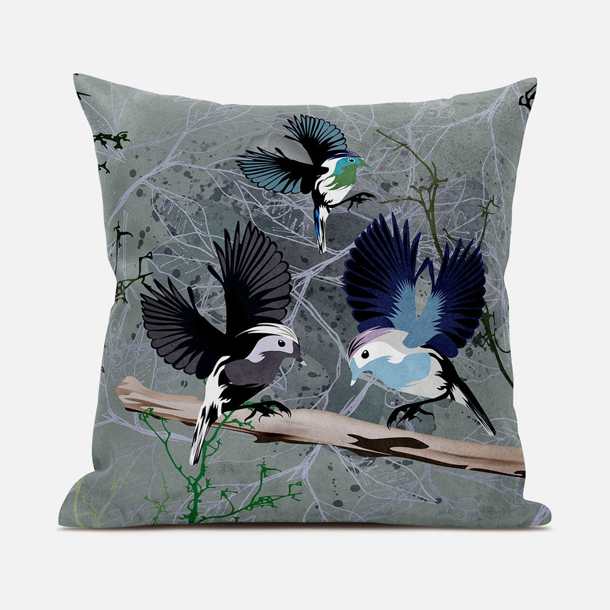 HomeRoots 20x20 Off White Green Bird Blown Seam Broadcloth Animal Print Throw Pillow