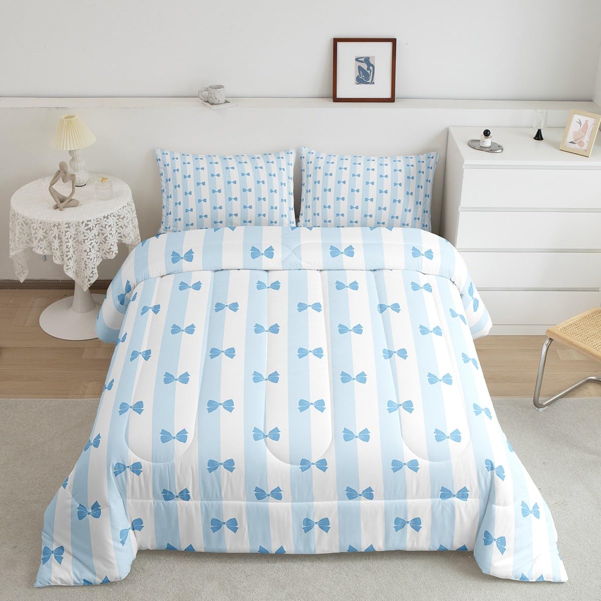 Feelyou Kids Girls Blue Bow Comforter Set,Blue And White Stripe Bow Bedding Set Full Size For Boys Girls,Kawaii Bowknot Comforte