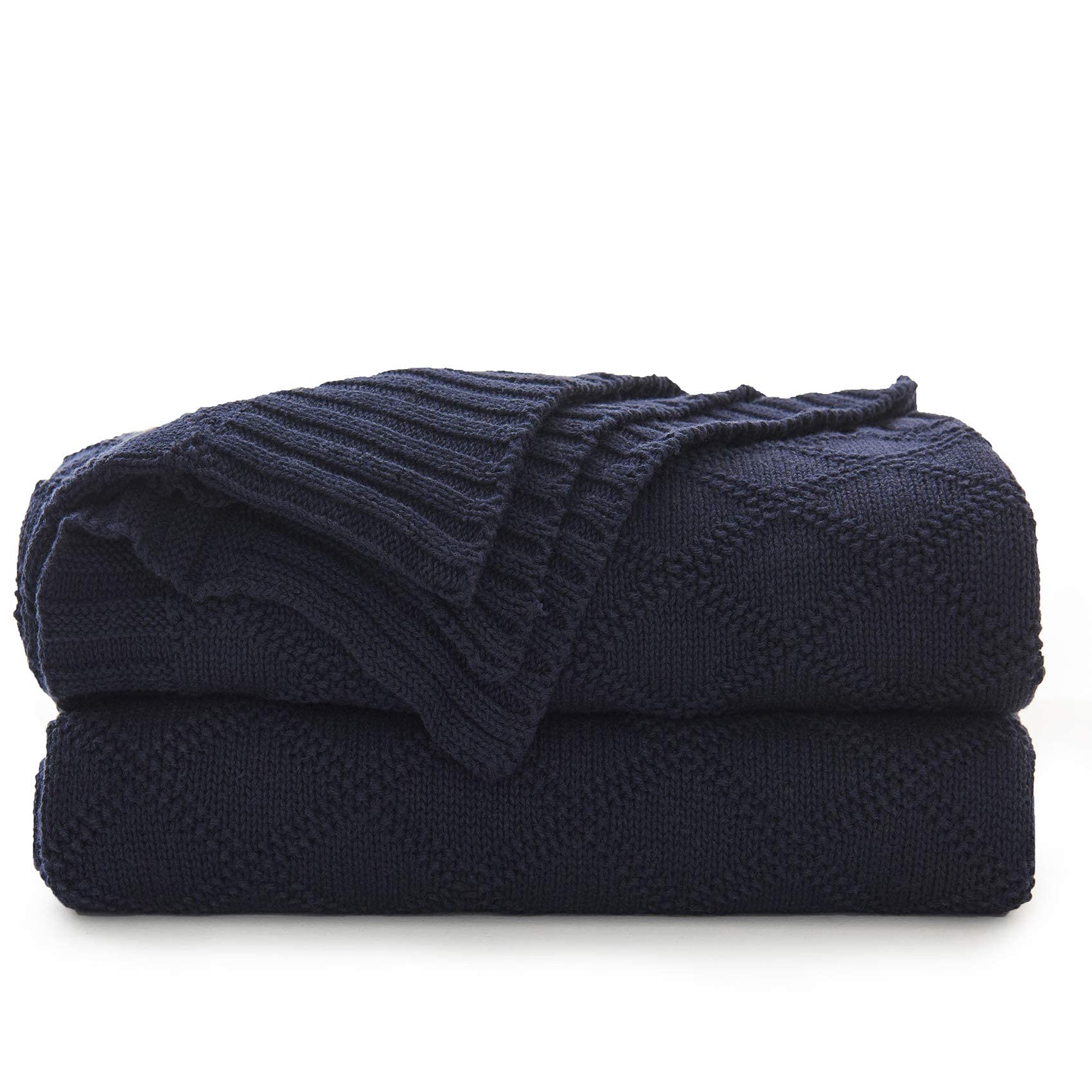 Navy Blue Cotton Knit Throw Blanket For Couch Sofa Bed - Home Decorative Soft Cozy Sweater Woven Fall Cable Oversize Knitted Bla
