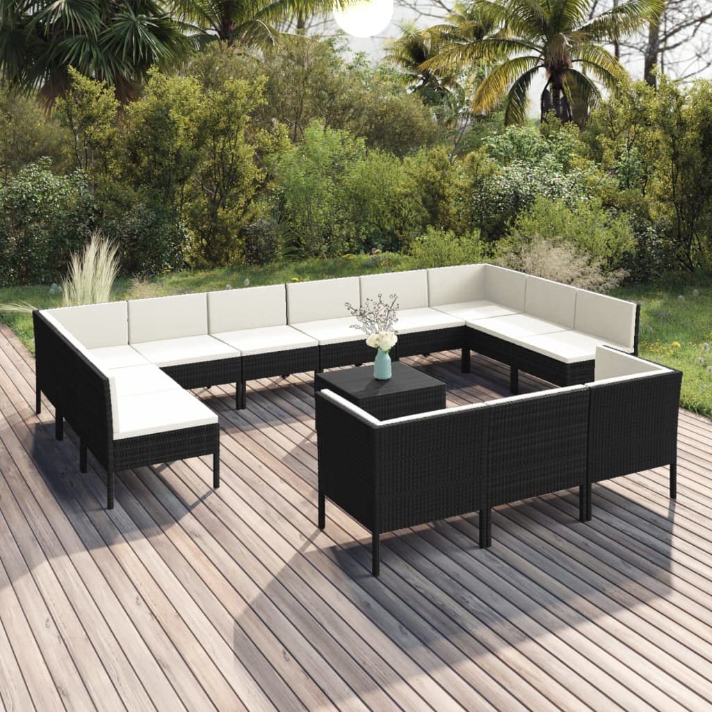 vidaXL Patio Lounge Set 14 Piece with Cushions Outdoor Garden Terrace Yard Sofa Seating Seat Lounging Set Furniture Poly Rattan Black