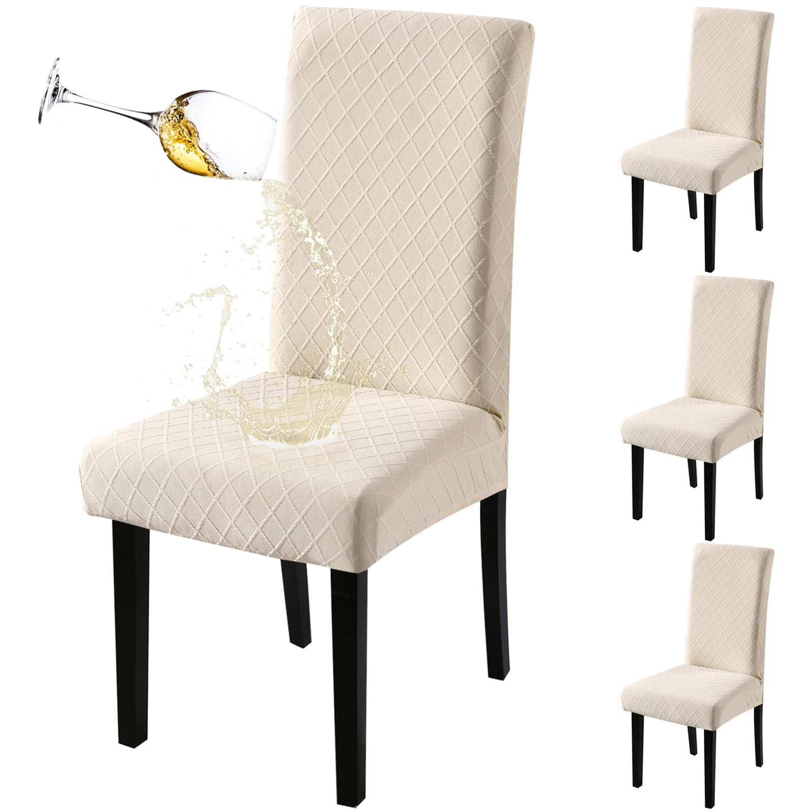 Fuloon Waterproof Dining Chair Covers, Parsons Chair Slipcover, Super Fit Stretch Kitchen Chairs Slipcovers, Removable Washable Chairs Seat Slipcover For Dining Room, Kitchen, Banquet (4 Pack, Beige)