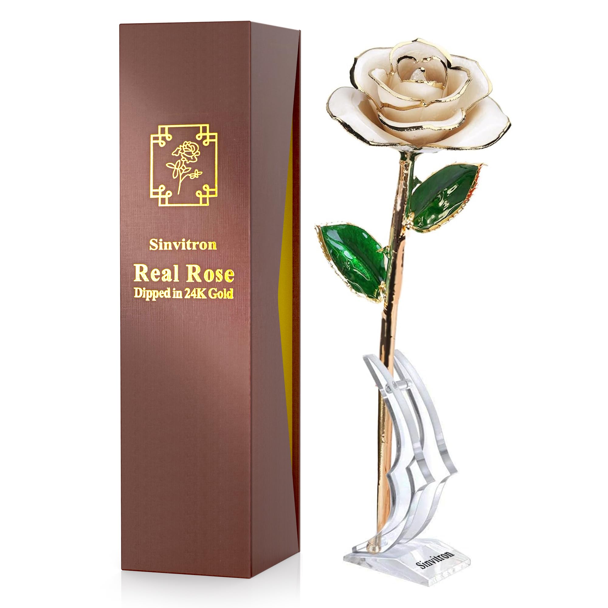 Sinvitron Gold Dipped Rose 24K Real Rose, Long Stem Gold Plated Rose with Stand,Birthday Gifts for Her,Gifts for Mom,Golden Rose