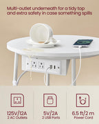 Vasagle Side Table With Charging Station, Round End Table With Fabric Basket, Nightstand With Power Outlets Usb Ports, For Living Room, Bedroom, Modern, Matte White And Camel Brown Ulet228W01