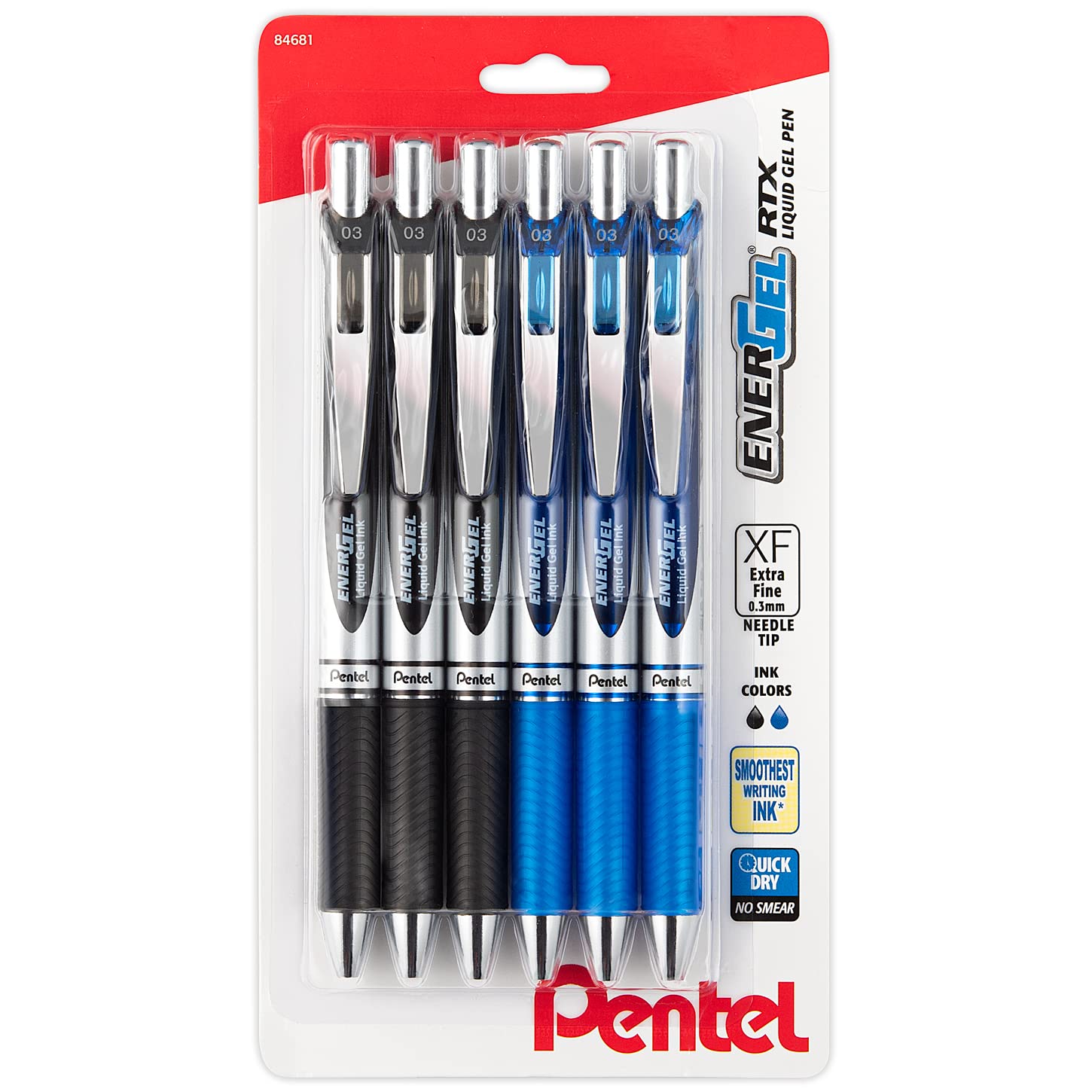 Pentel Energel 0.3 Mm Ultra Fine Point Penrtx Retractable Liquid Gel Pen - Needle Tip - 6 Pack Of 3 Black Ink & 3 Blue Ink