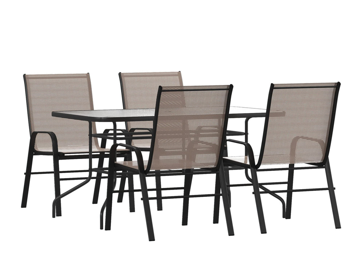 Flash Furniture Brazos 5 Piece Outdoor Patio Dining Set - 4 Brown Flex Comfort Stack Chairs - 55&quot; Tempered Glass Patio Table with Umbrella Hole