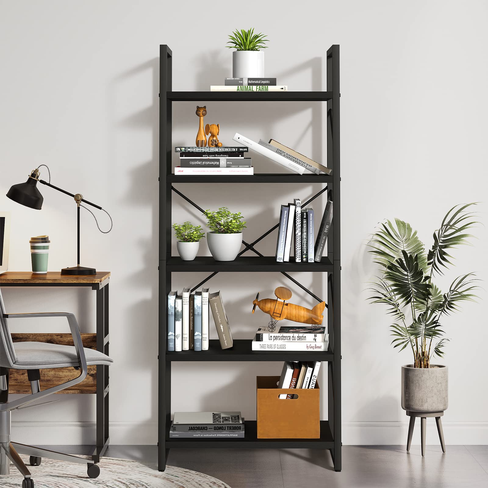 Yitahome 5 Tiers Bookshelf, Industrial Artsy Grey Bookcase Bookshelves, Book Rack, Storage Rack Shelves Books Holder Organizer For Books Movies In Living Room Home Office, Charcoal Gray + Black