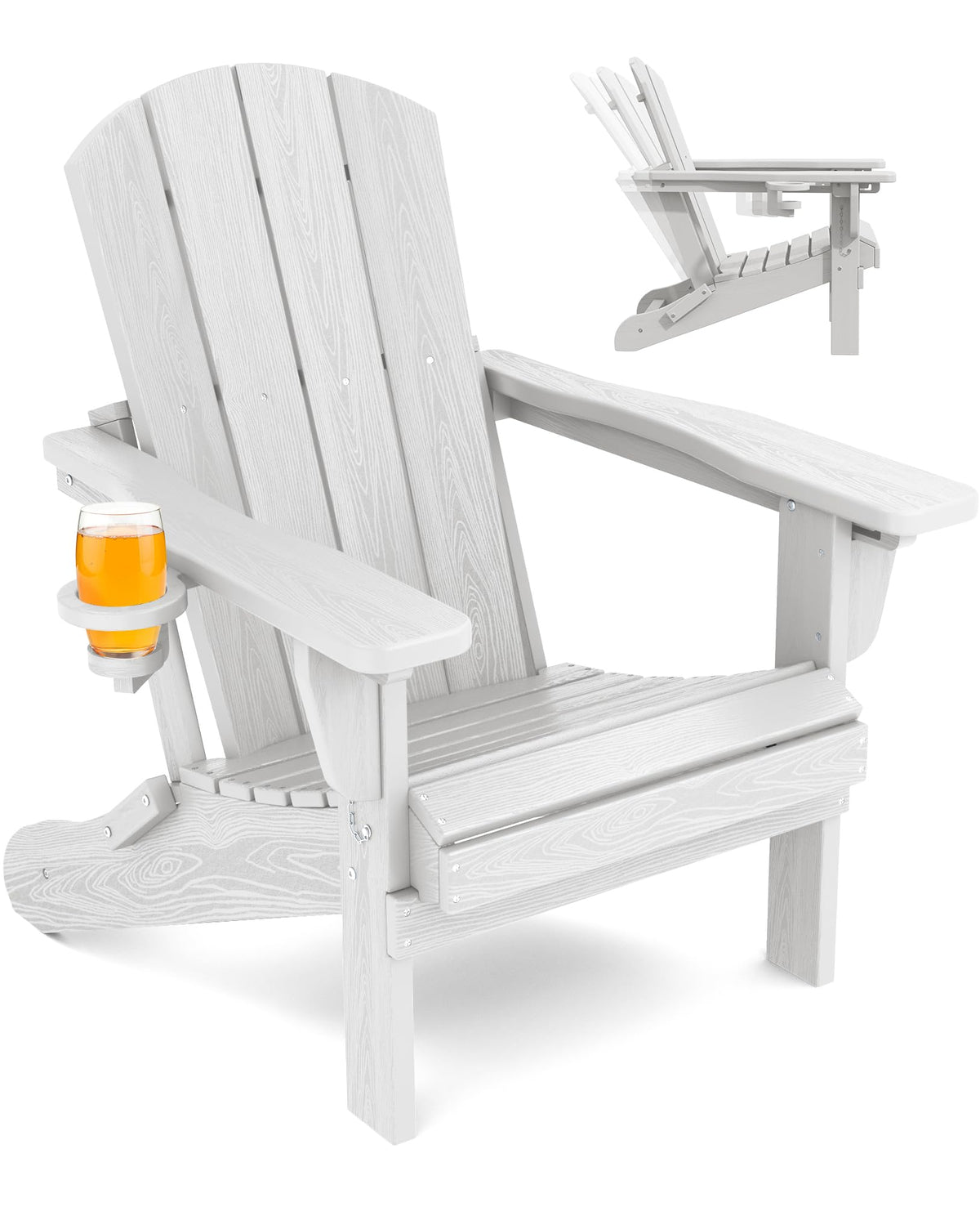 Serwall Folding Adirondack Chair, Reclining Adirondack Chair With Cup Holder, Adjustable Adirondack Chair With 3 Recline Positions, All Weather Hdpe Outdoor Adirondack, White
