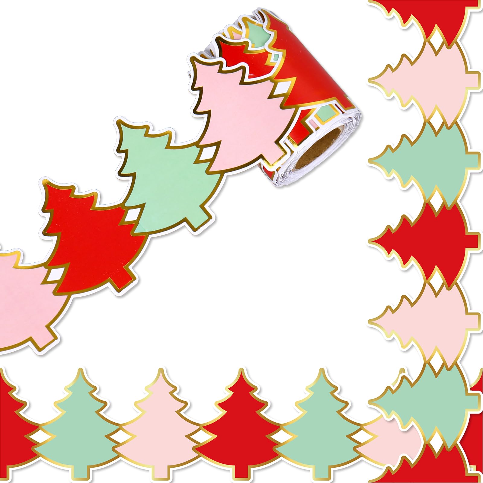 Whaline 32.8ft Christmas Bulletin Board Border Gold Foil Red Green Pink Tree Die-Cut Rolled Border Trim for Xmas Winter Chalkboa