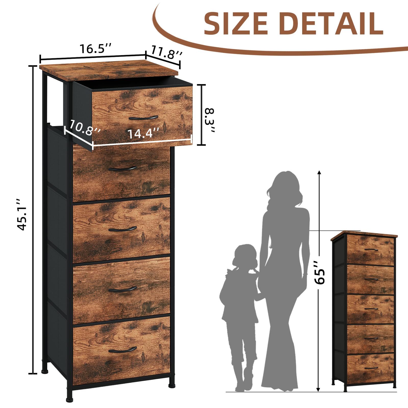 Somdot Tall Dresser For Bedroom With 5 Drawers, Storage Organizer Chest Of Drawers With Removable Fabric Bins For Closet Bedside Nursery Laundry Living Room Entryway Hallway, Wood Grain Print