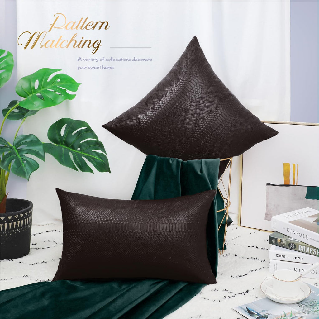 Brawarm Brown Leather Throw Pillows 16 X 16 Inches, Snake Leather Pillow Covers Pack Of 2, Faux Leather Decorative Pillow Covers