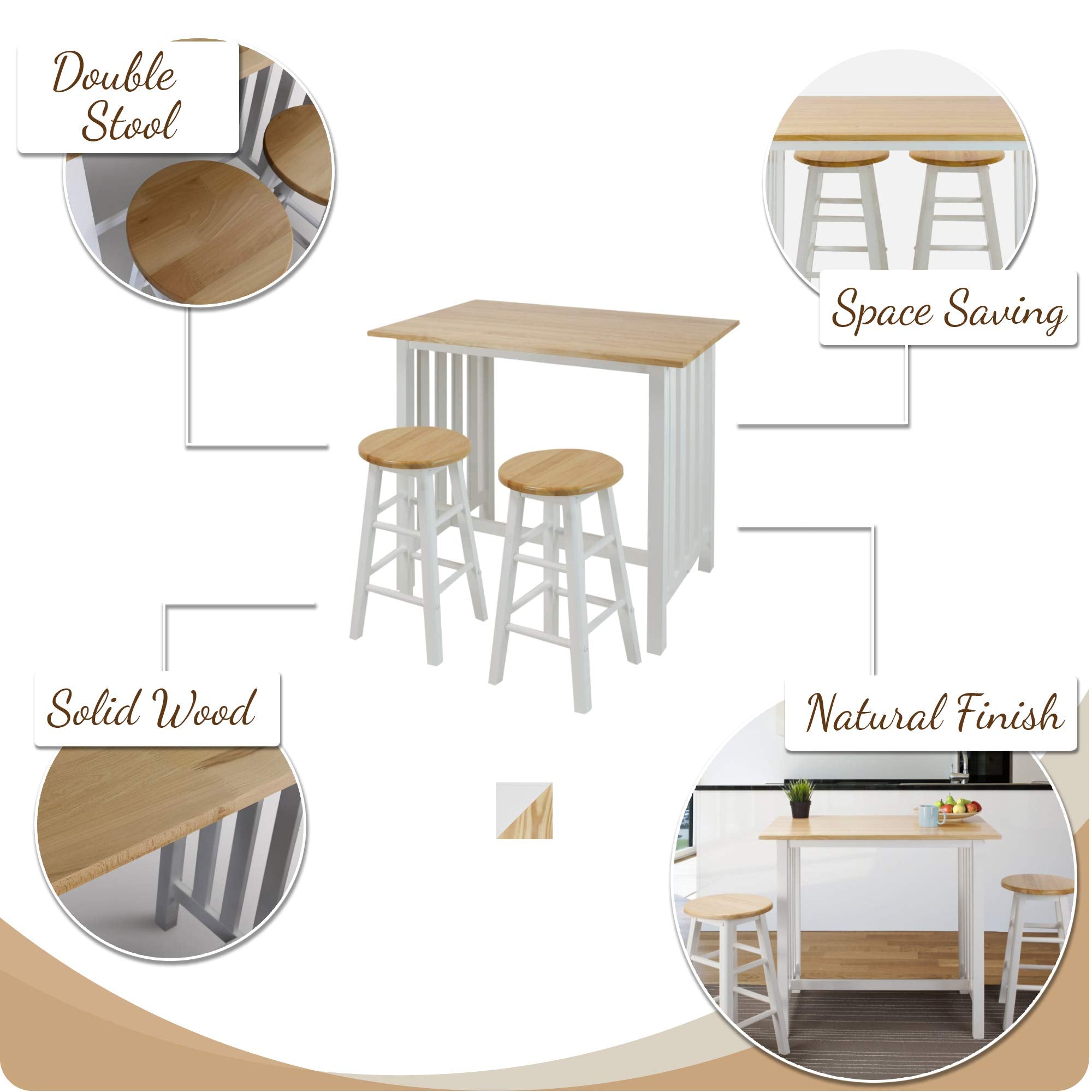 Casual Home 3-Piece Breakfast Set With Solid American Hardwood Top, White