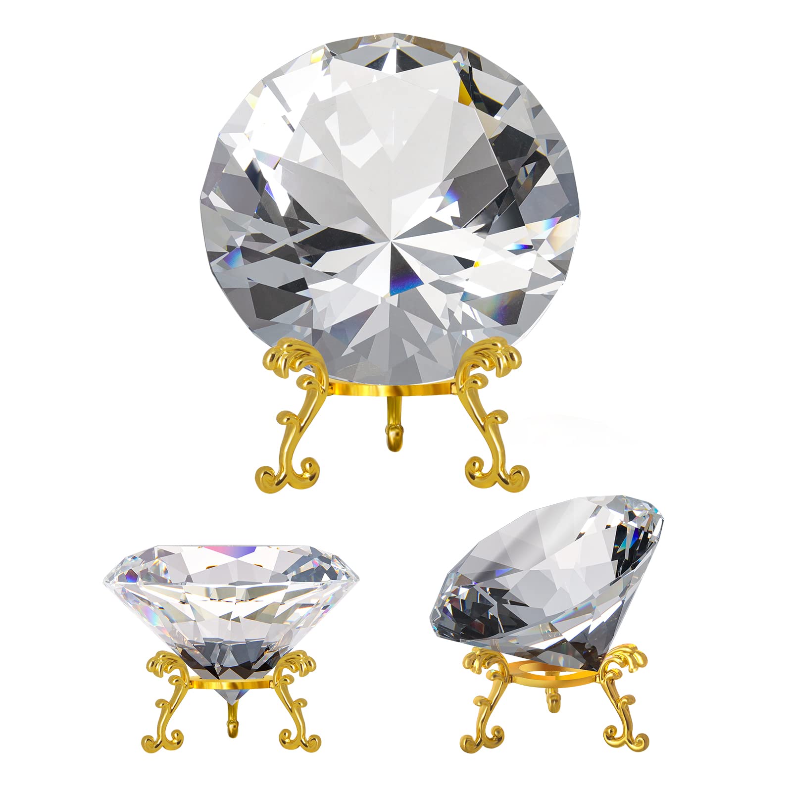 Swthony 80Mm(3.15 Inch) Crystal Big Fake Diamond Paperweight Rainbow Maker, Background For Nail Pictures, With Gold Metal Base (