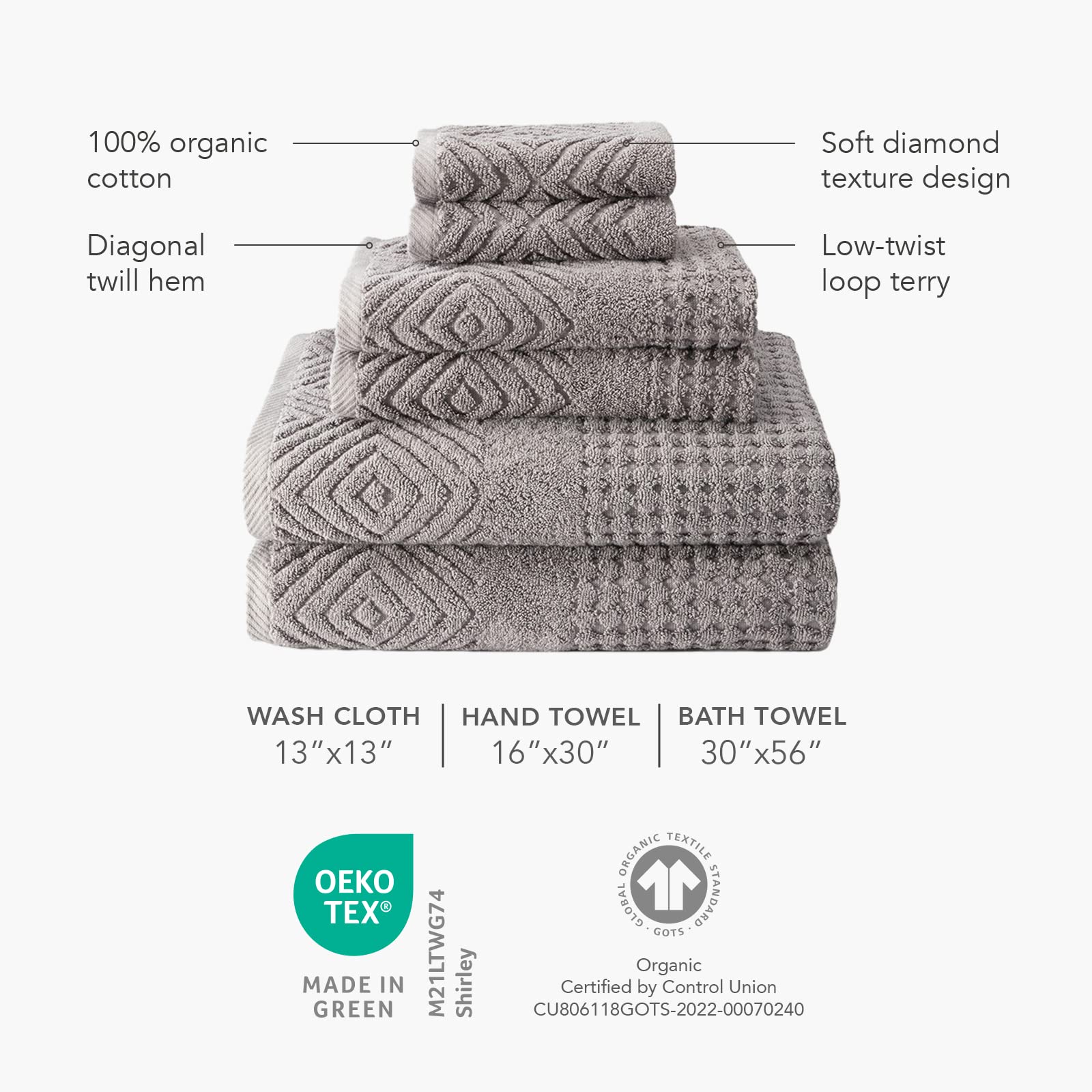 Texere 100% Organic Cotton Diamond Jacquard 700 Gsm Luxury Bath Towel Sets - 2 Ultra Soft, Large Bath Towels, 2 Hand Towels, 2 W