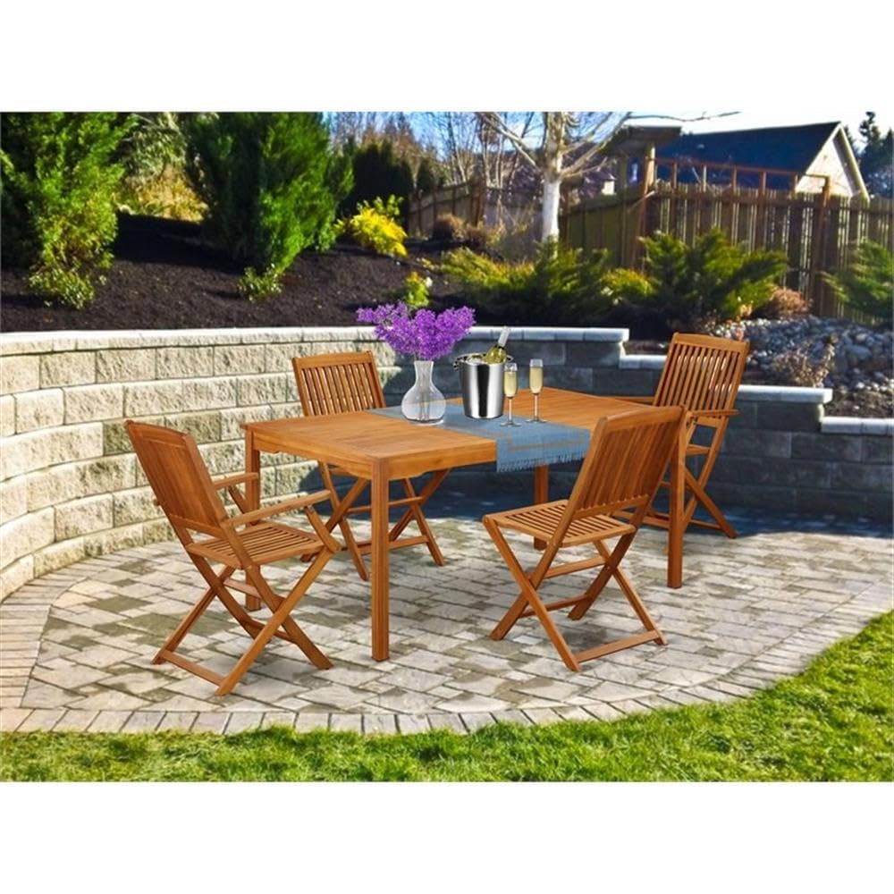 East West Furniture Cmcm52Cana 5 Piece Patio Dining Set Includes A Rectangle Outdoor Acacia Wood Table And 2 Folding Arm Chairs With 2 Side Chairs, 36X66 Inch, Natural Oil