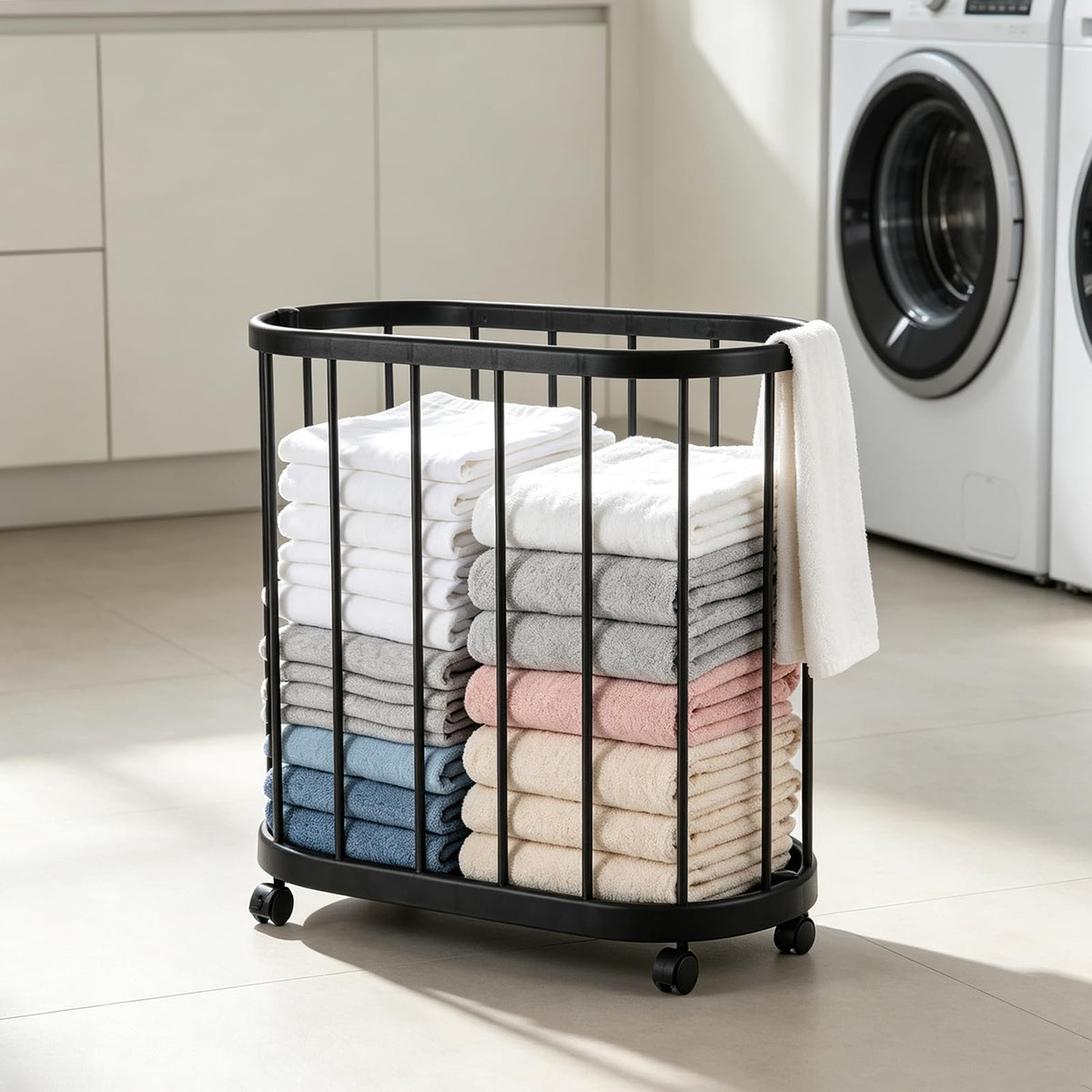 Floor Laundry Hamper with Wheels, Modern Laundry Basket Rolling Storage Dirty Clothes Basket with Handle Metal Clothes Hamper Or