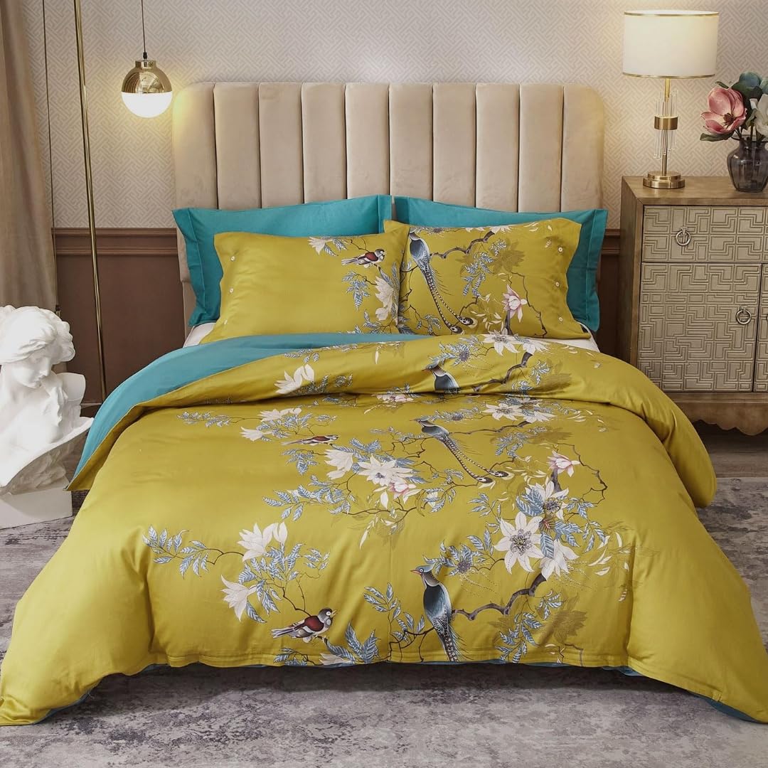 Chic Floral Duvet Cover King Size Bird Flower Pattern Comforter Cover Cotton Garden Floral Bedding Duvet Cover Aesthetic Bird Fl