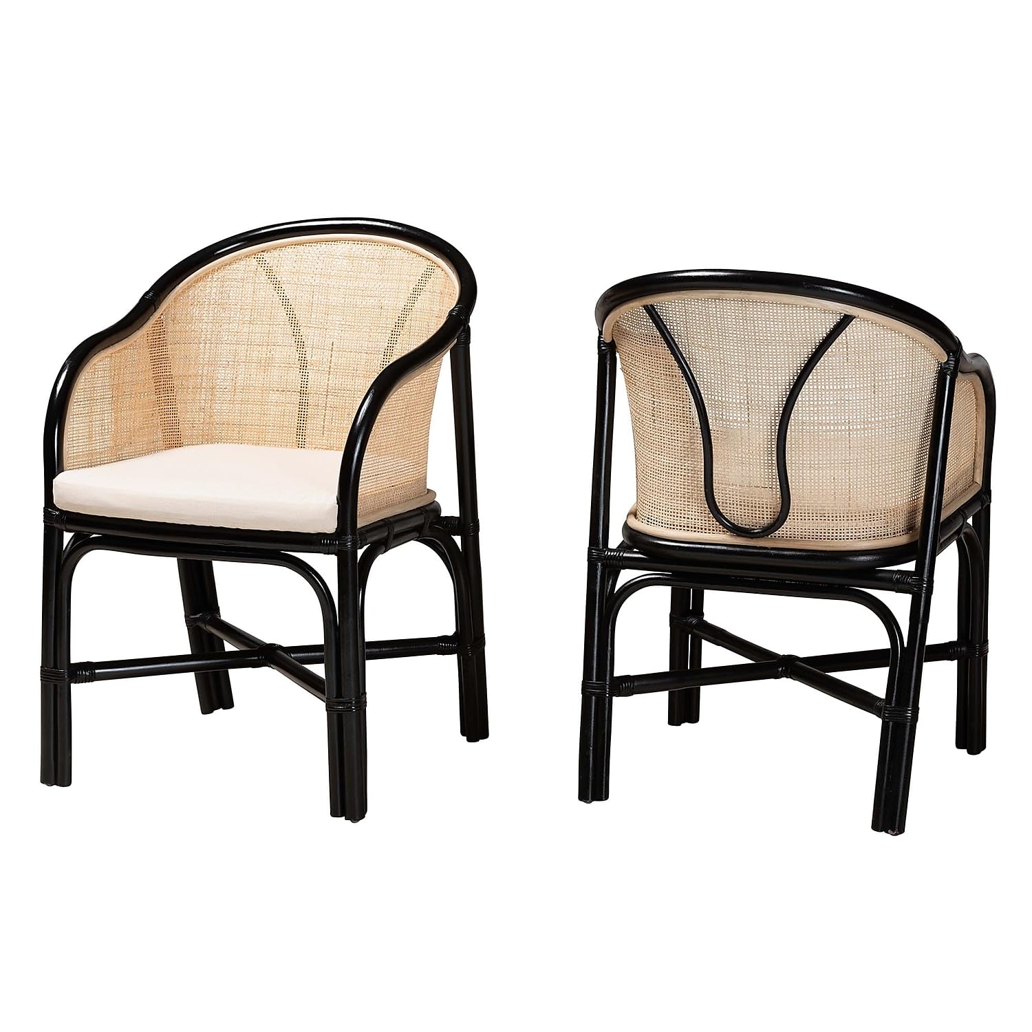 Baxton Studio Miranda Bohemian Rattan Dining Chair, White/Natural Brown/Black, 2/Set (233-2P-13232-HT)