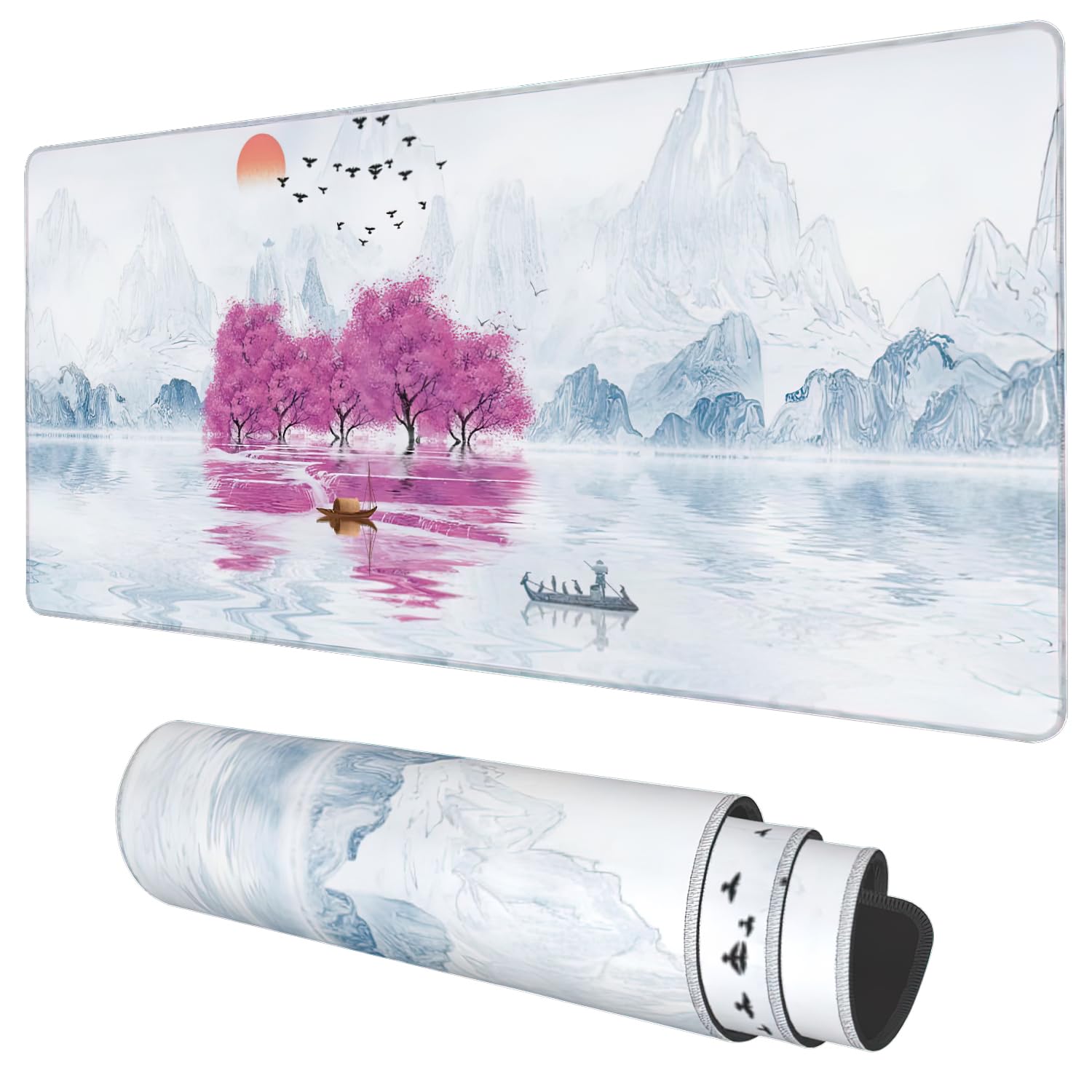 Desk Mat, Cherry Blossom Tree Oil Ink Painting Extended Gaming Mouse Pad Large, 35.4'X15.7' Big Mouse Pad With Non-Slip Base A