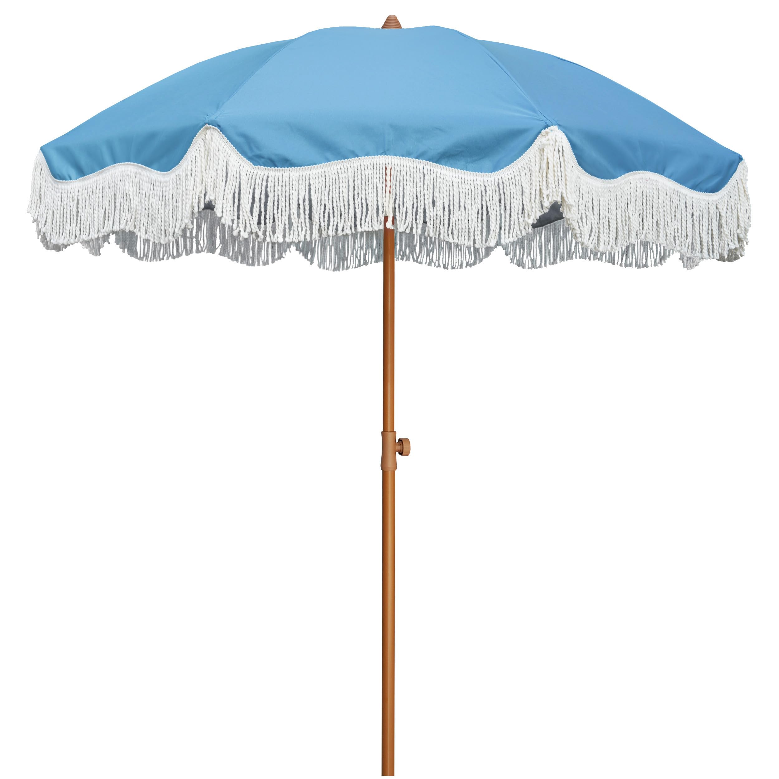 AMMSUN Boho Fringe Umbrella Outdoor Patio, 6.5ft UPF50+ Picnic Umbrella with Tassels with Steel Pole and Push Button Tilt, Blue