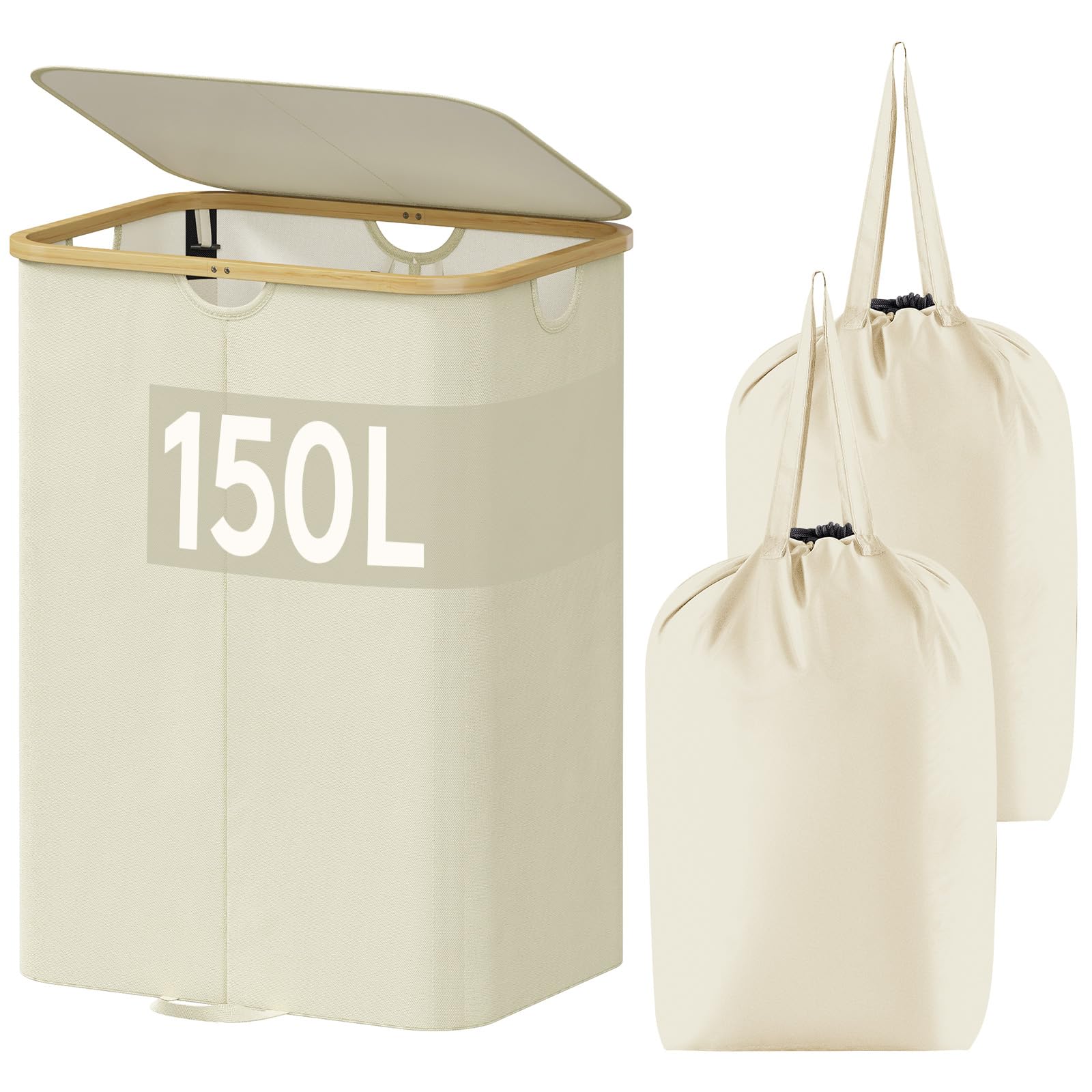 Lifewit 150L Double Laundry Hamper with Lid, Large Laundry Basket with Bamboo Handles and Removable Laundry Bags, Foldable Cloth