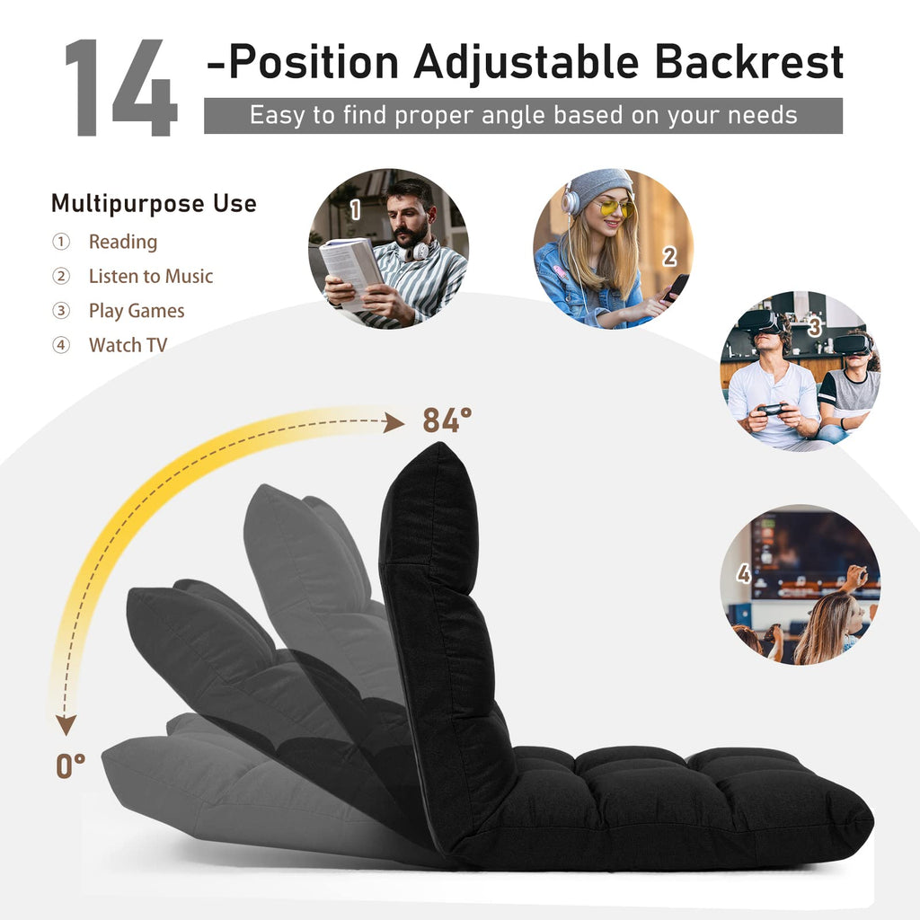 Costway Floor Chair, Folding Gaming Chair With Back Support, 14 Adjustable Positions, Alloy Steel Frame, Lazy Sofa Lounge For Playing Reading Meditating Room Recliner For Adults, Kids (Black)