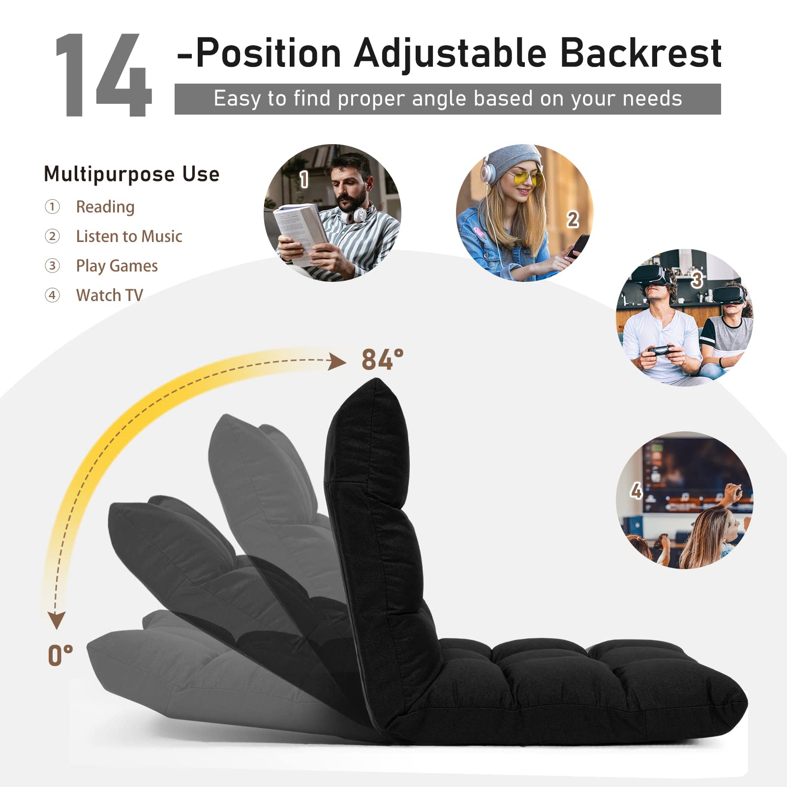 Costway Floor Chair, Folding Gaming Chair With Back Support, 14 Adjustable Positions, Alloy Steel Frame, Lazy Sofa Lounge For Playing Reading Meditating Room Recliner For Adults, Kids (Black)