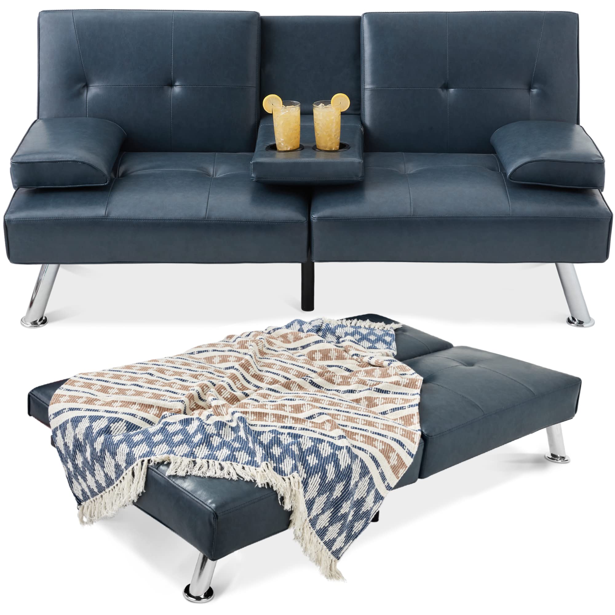 Best Choice Products Faux Leather Upholstered Modern Convertible Futon, Adjustable Folding Sofa Bed, Guest Bed w/Removable Armre
