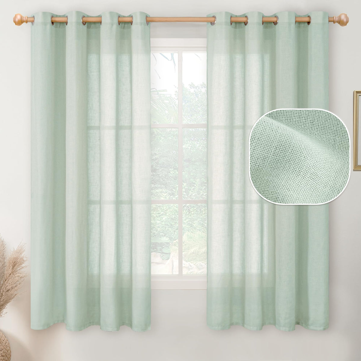 YoungsTex Light Sage Linen Sheer Curtains 63 Inches Length for Short Window Light Filtering Textured Drapes Lightweight for Bedr