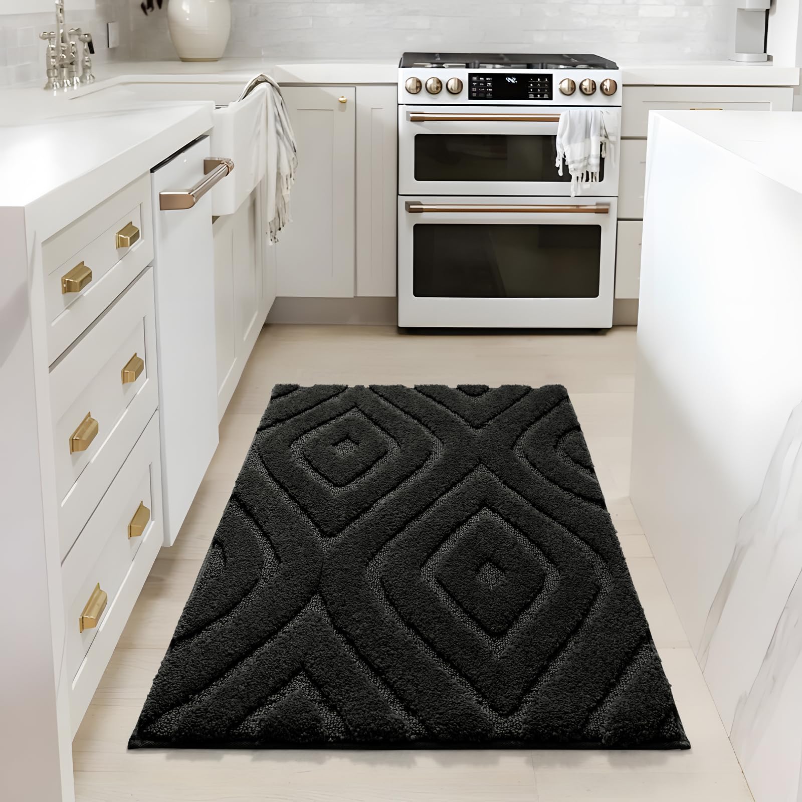 Dexde Black Bathroom Rugs Boho Bath Mat Non Slip Geometric Luxury Soft Washable Carpet For Bathroom Shower Kitchen Entryway Mode