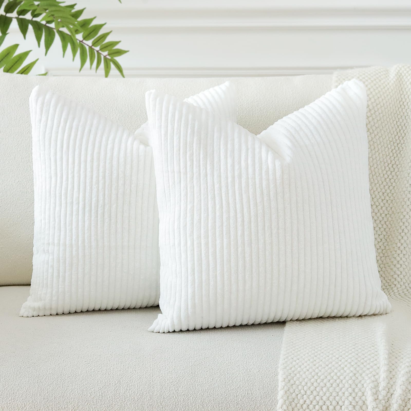 Otostar Pack Of 2 Throw Pillow Covers 18 X 18 Inch Soft Corduroy Decorative Square Solid Striped Cushion Case Couch Farmhouse Home Boho Decor Throw Pillows For Sofa Bed Living Room (Cream White)