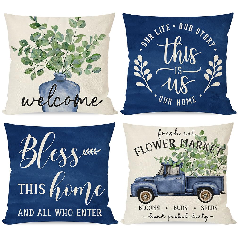 Pandicorn Spring Pillow Covers 18X18 Inch Eucalyptus Leaves Greenery Blue Vase Truck Bless This Home Set Of 4 Outdoor Farmhouse