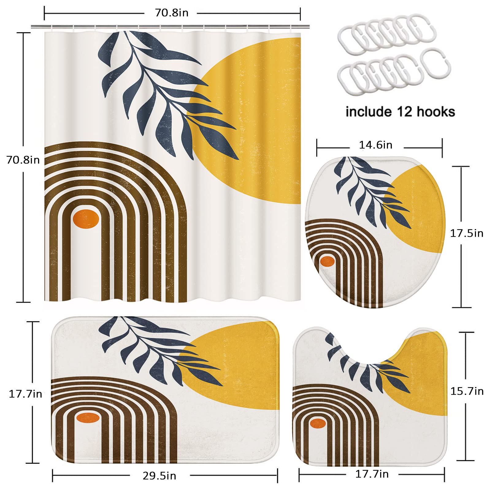 Tayney Boho Mid Century Shower Curtain Set With Toilet Lid Cover And Non-Slip Rugs, Modern Abstract 4 Pcs Yellow Sun Minimalist