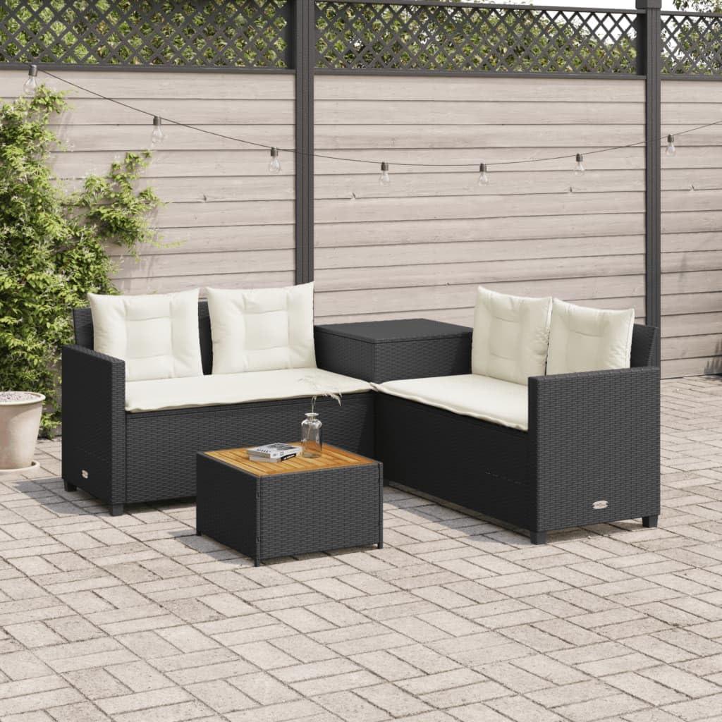vidaXL Patio Sofa Set with Cushions and Table - L-Shaped Black PE Rattan, Storage Function, Removable Covers - 67.3x67.3x29.1 for Garden, Terrace, Patio