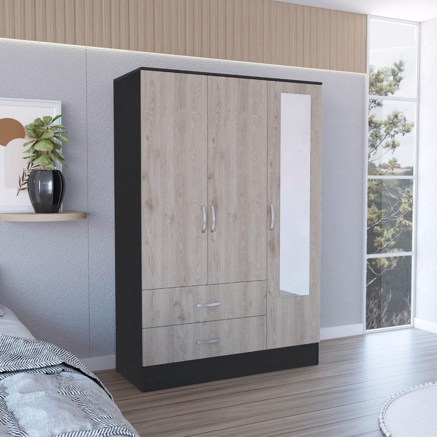 Gangi 120 Mirrored Armoire, Double Door Cabinet, 2 Drawers, Metal Hardware, Rods, 4 Shelves, Black/Light Gray