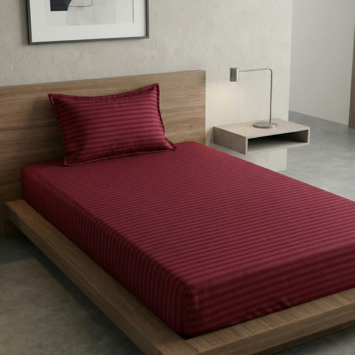 Home Sizzler Microfibre Maroon Satin Stripe Elasticated Fitted Single Bedsheet (72x36 Inches) with 1 Pillow Cover