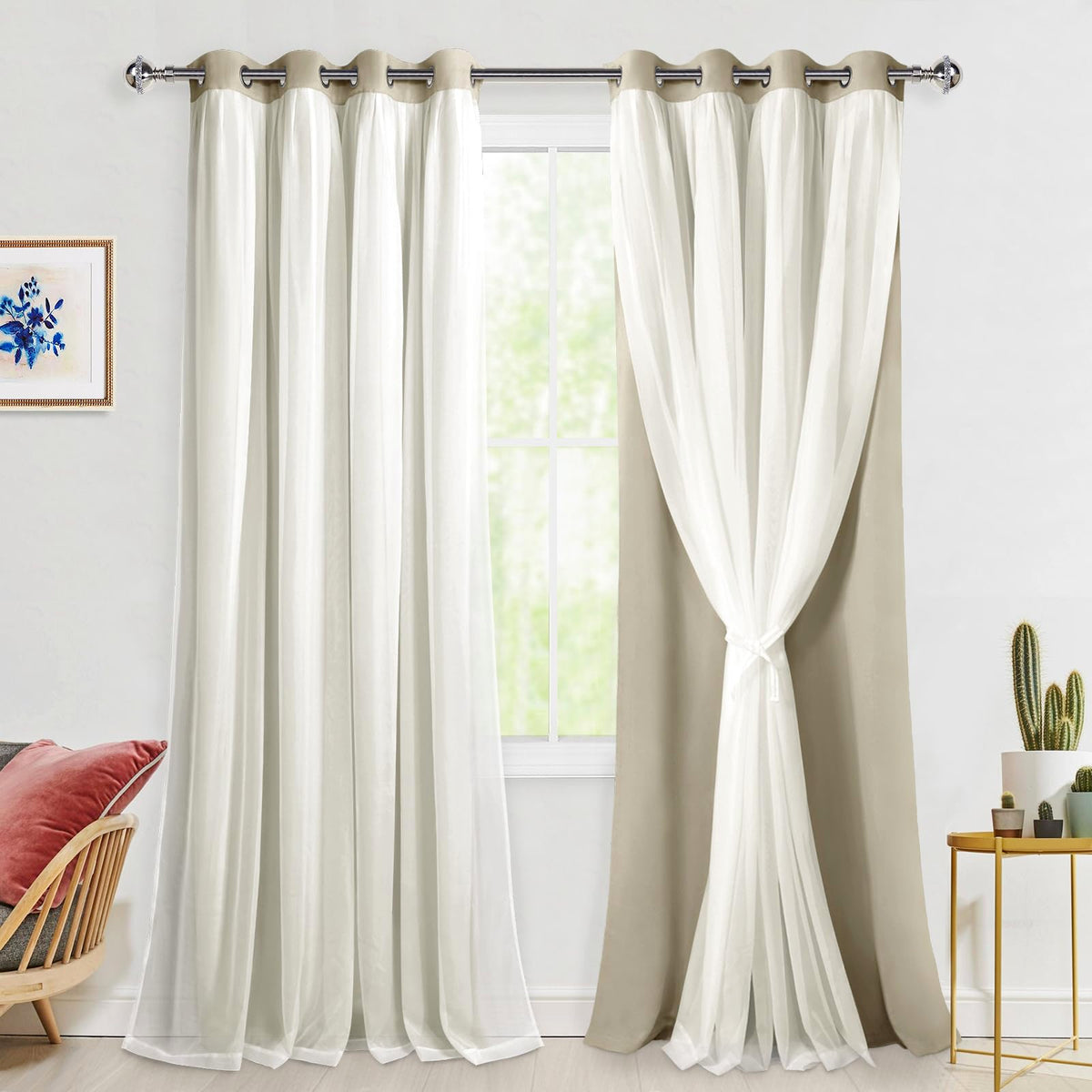 Hiasan Double Layer Blackout Curtains With Sheer Overlay, Mix & Match Thermal Insulated Grommet Room Darkening Curtains For Bedr