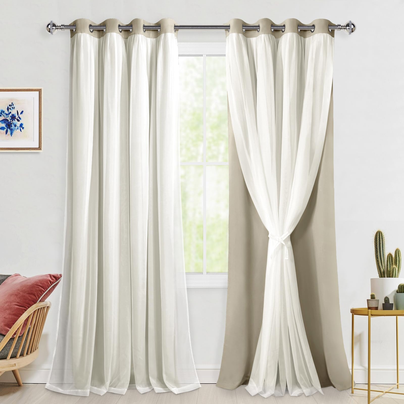 Hiasan Double Layer Blackout Curtains With Sheer Overlay, Mix & Match Thermal Insulated Grommet Room Darkening Curtains For Bedr