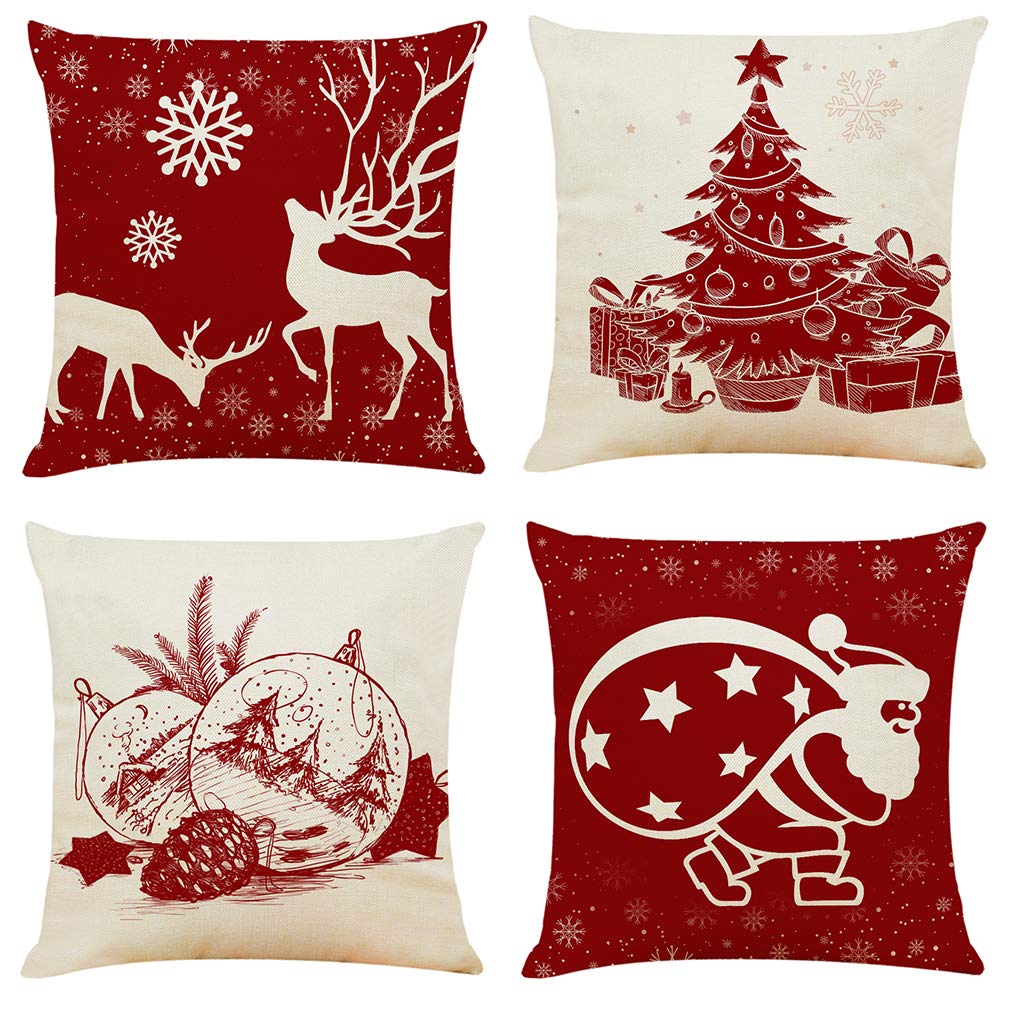 Ogrmar 4Pcs 18'X18' Throw Pillow Covers Christmas Decorative Couch Pillow Cases Cotton Linen Pillow Square Cushion Cover For S