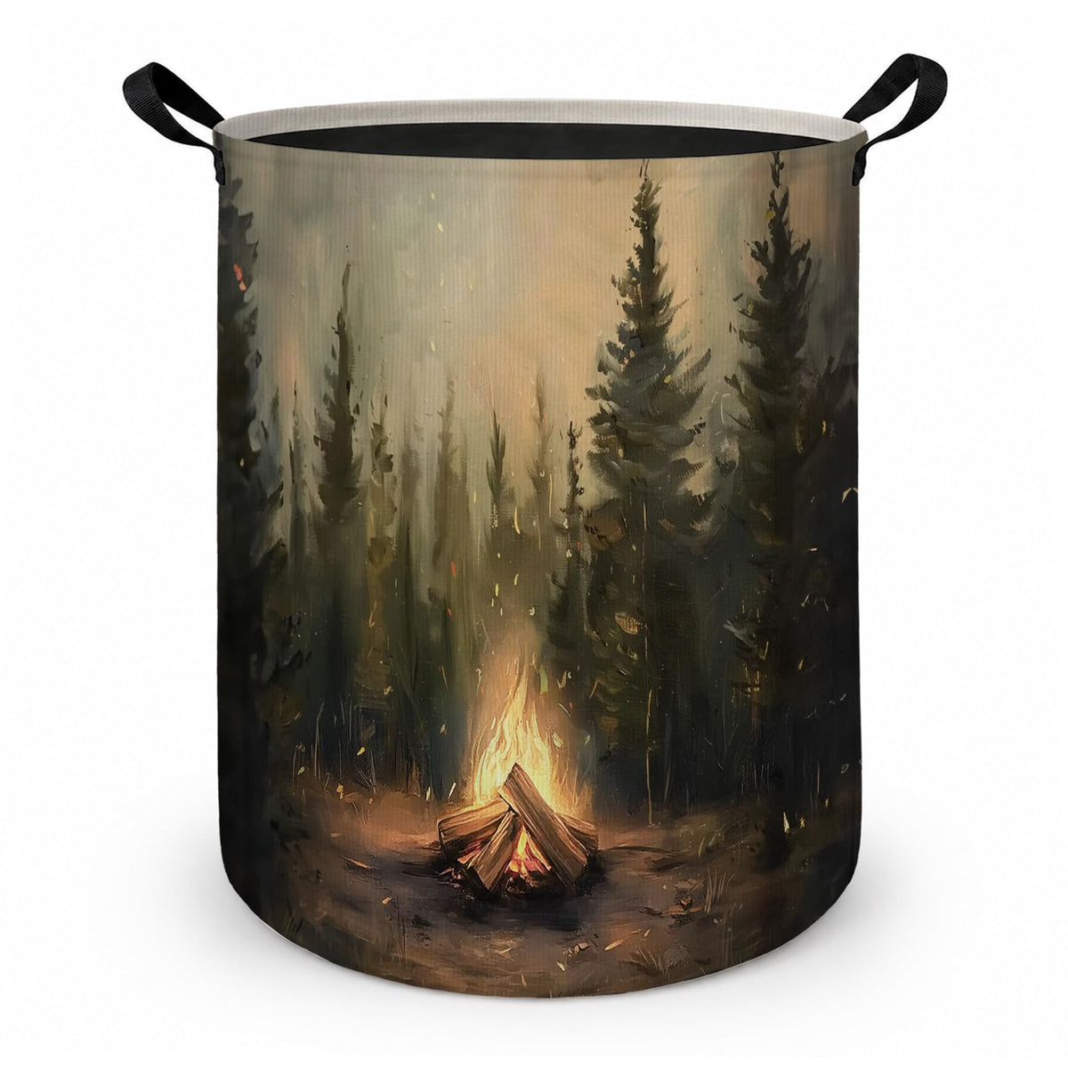 Fyecoluo Rustic Campfire Camping Laundry Basket with Handles, Pine Tree Forest Campsite Laundry Hamper Waterproof Collapsible Cl